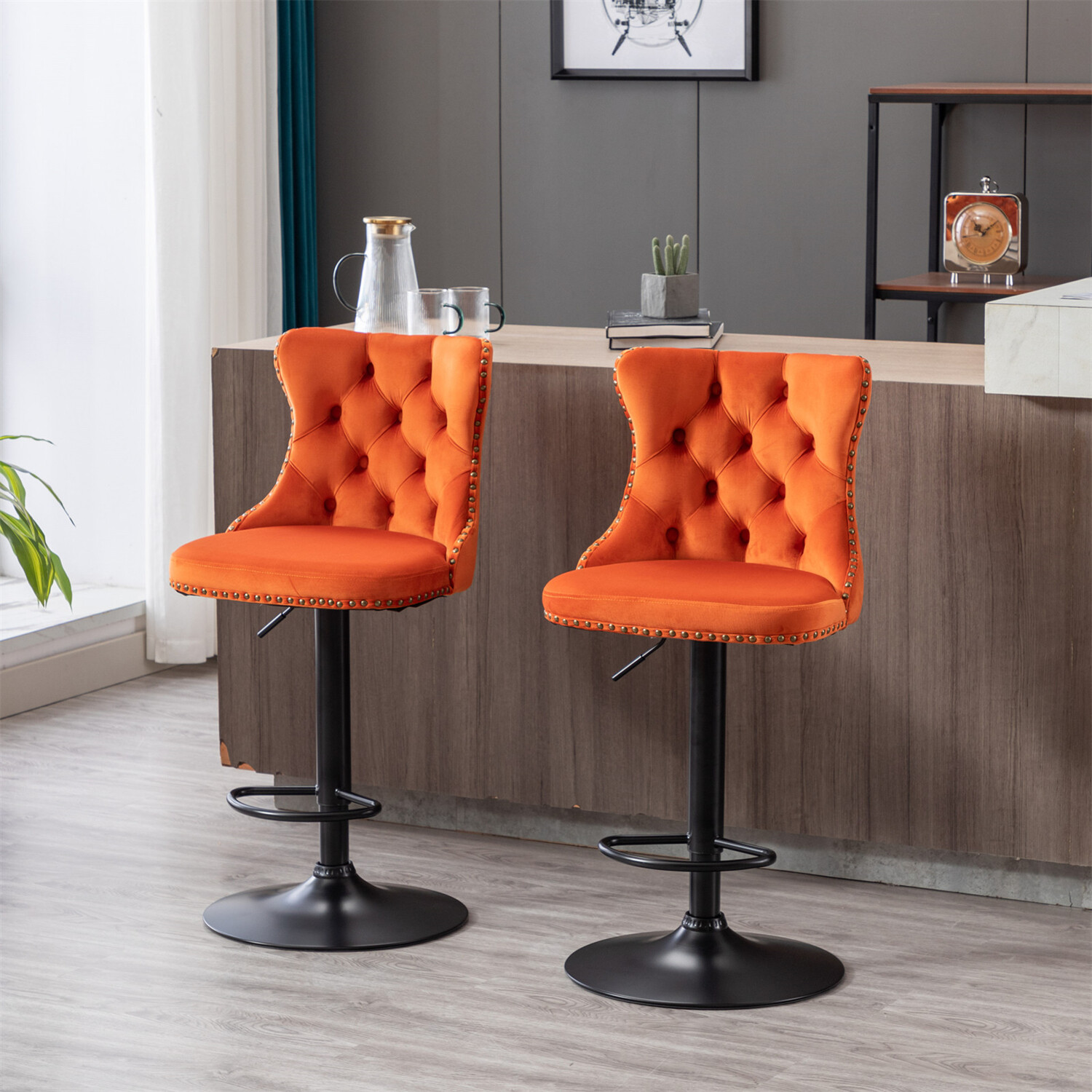 Set of 2 Orange Bar Stools Counter Height Adjustable Barstool Dining Chair