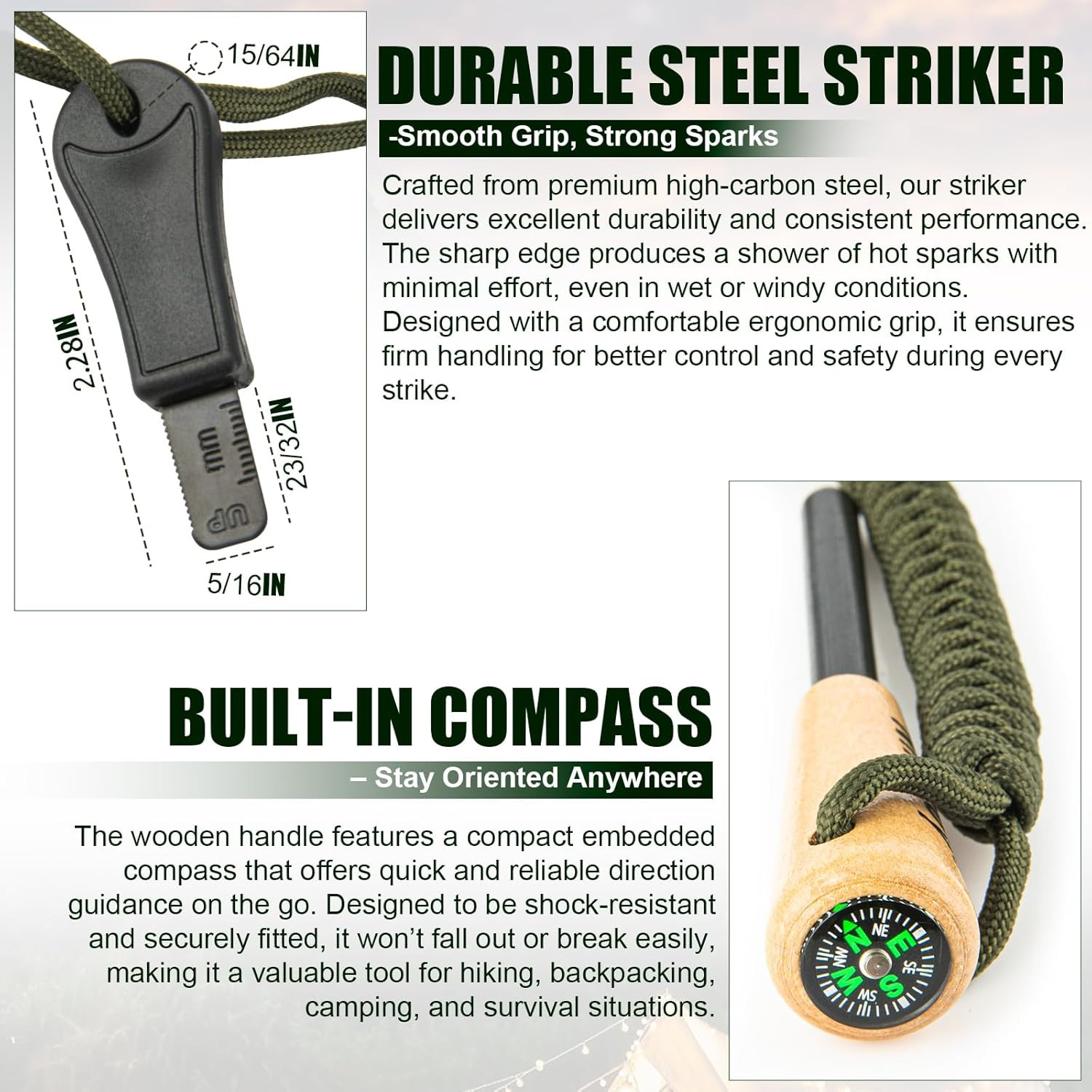 Ferro Rod Fire Starter Kit – Carbon Steel Striker & Compass-Integrated Hardwood