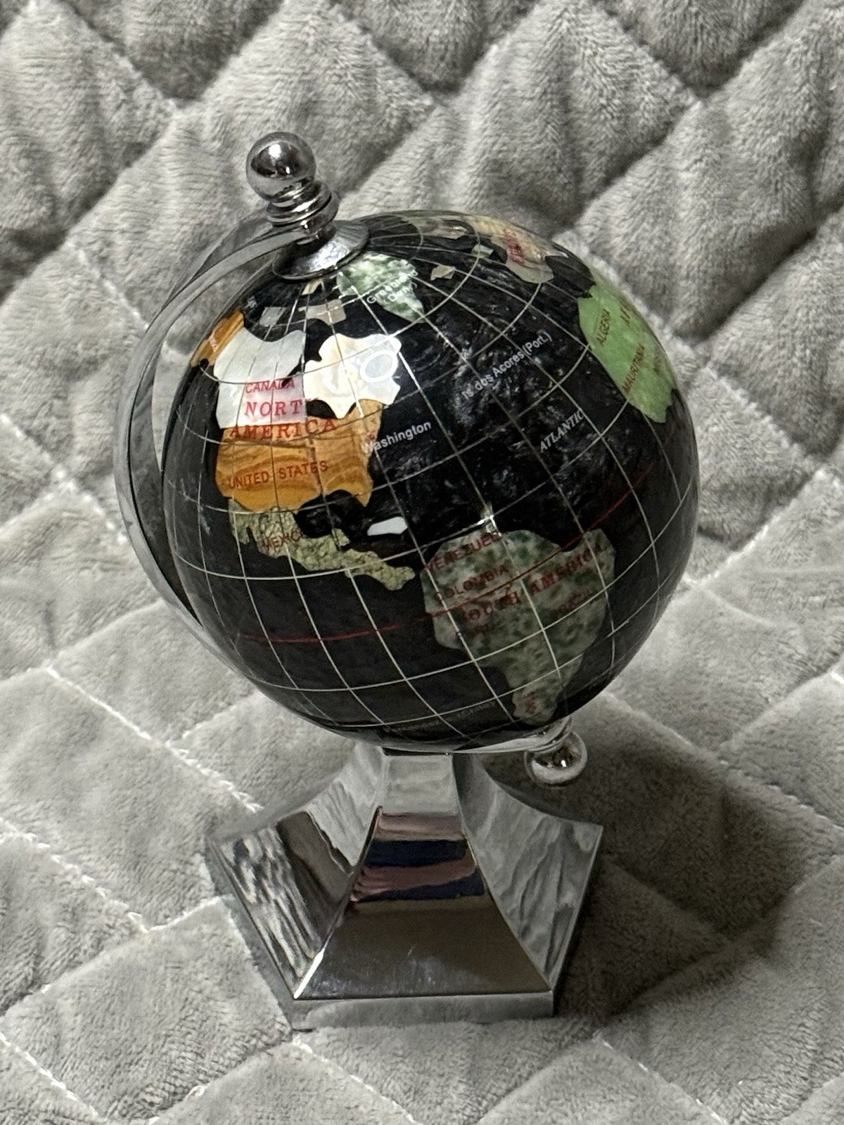 Rotating Globe 5.25” Paperweight Semi Precious Stone Inlays Silver Toned Metal
