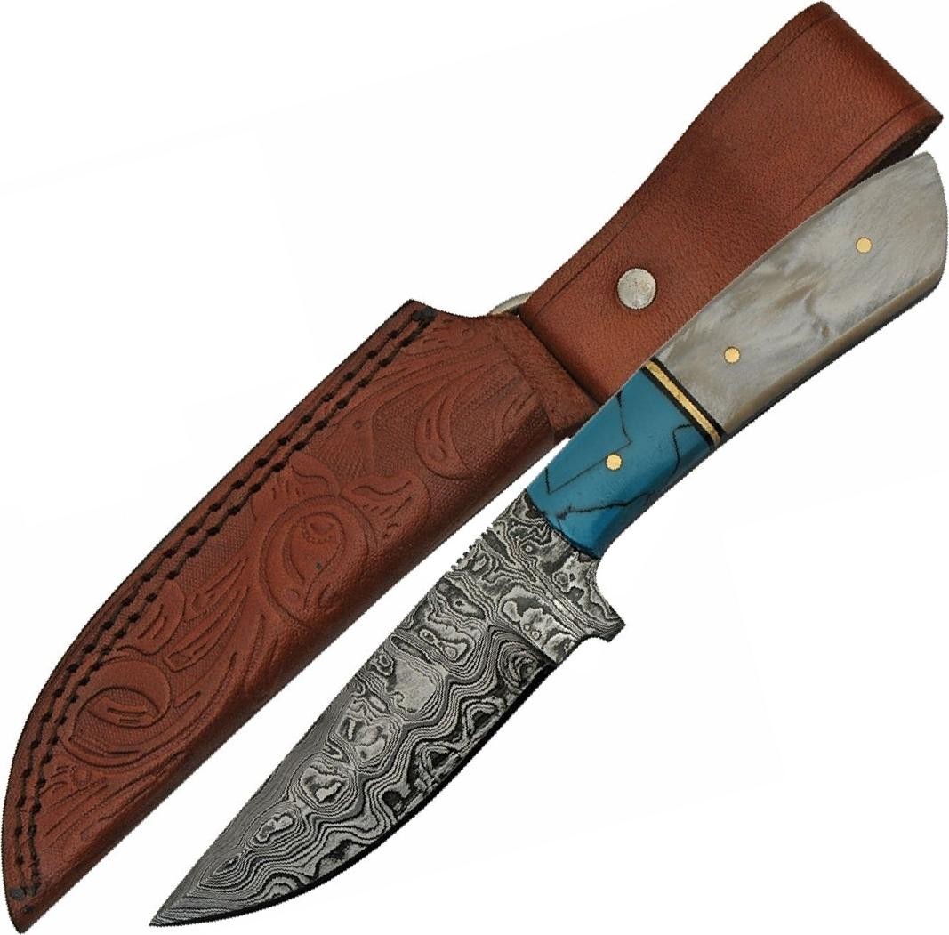 Damascus Steel Hunting Knife | Ladder Pattern Pearl & Turquoise-color DM-1230