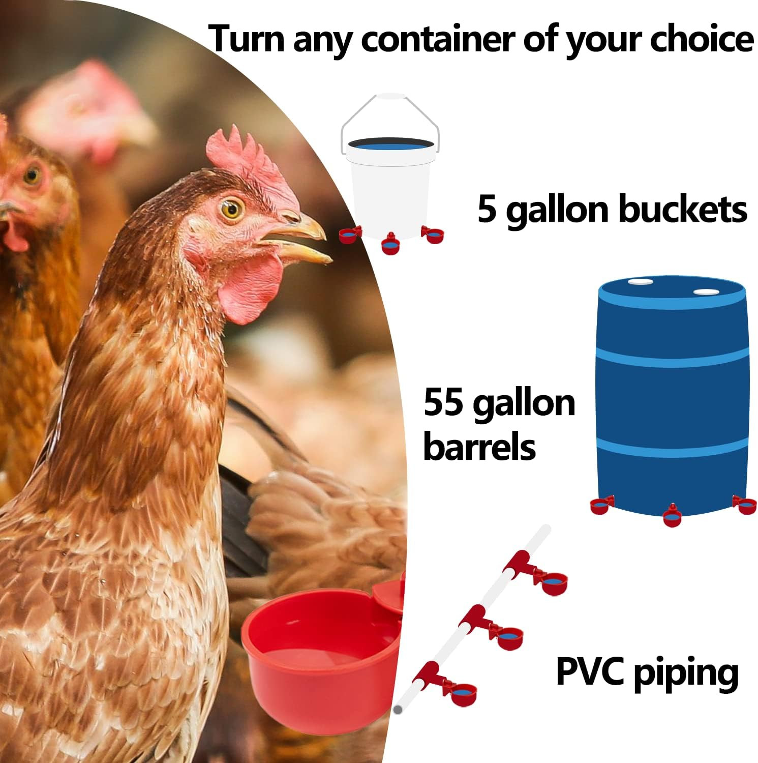Outdoor 5 Gallon Chicken Waterer - 4 Pack Durable Automatic Cups Included
