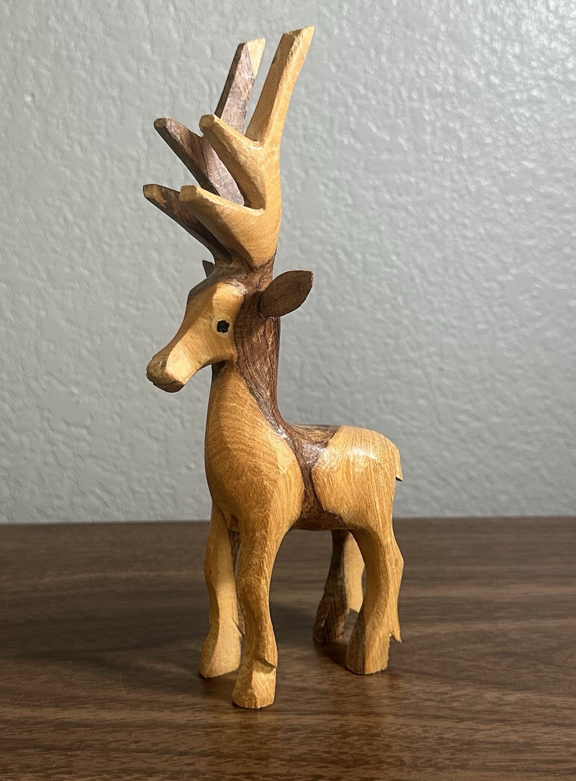 Wood Hand Carved Deer Figurine Statuette 8"