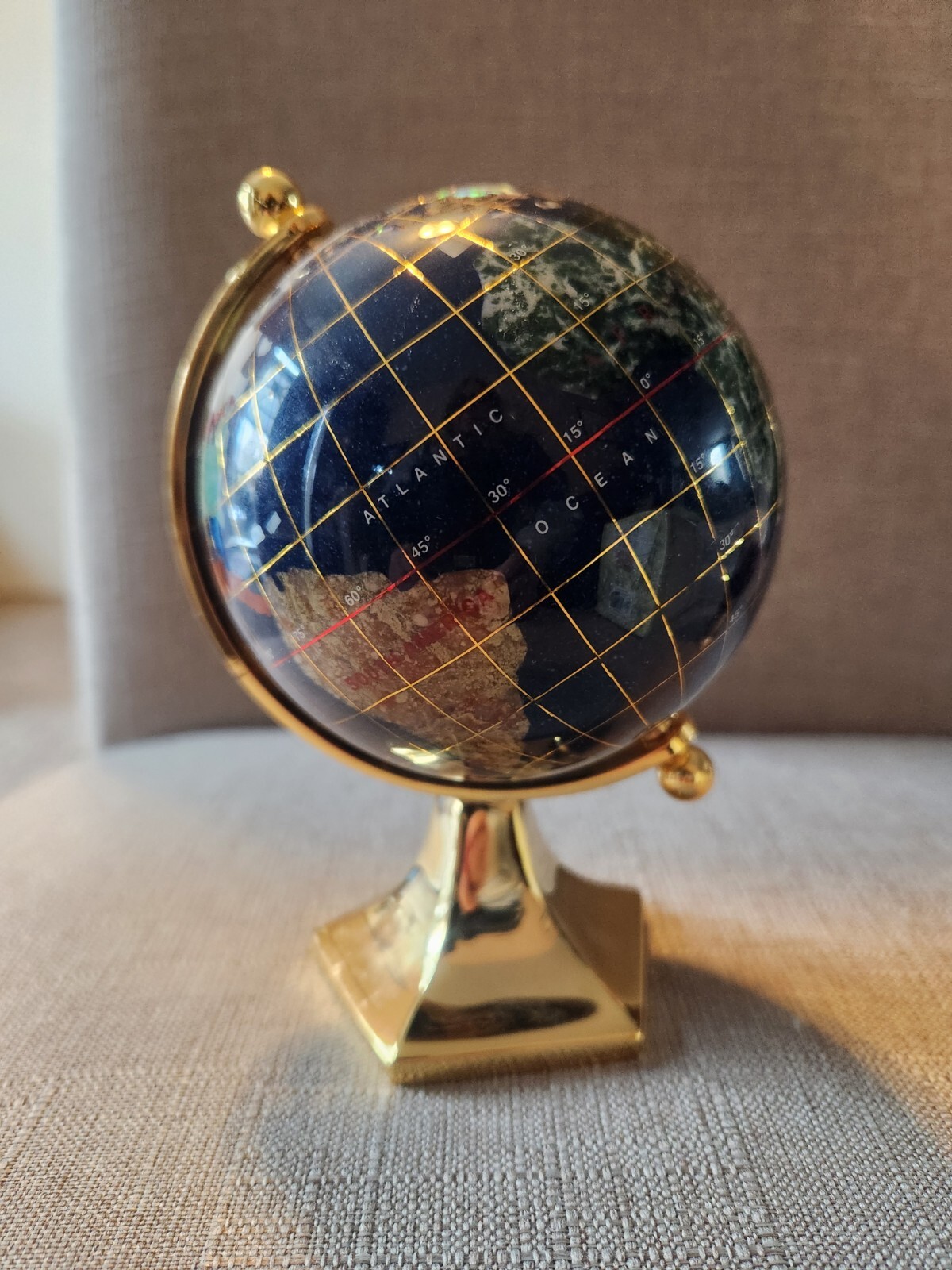 Vintage Miniature Desktop World Globe With Inlaid Semi-Precious Gemstones