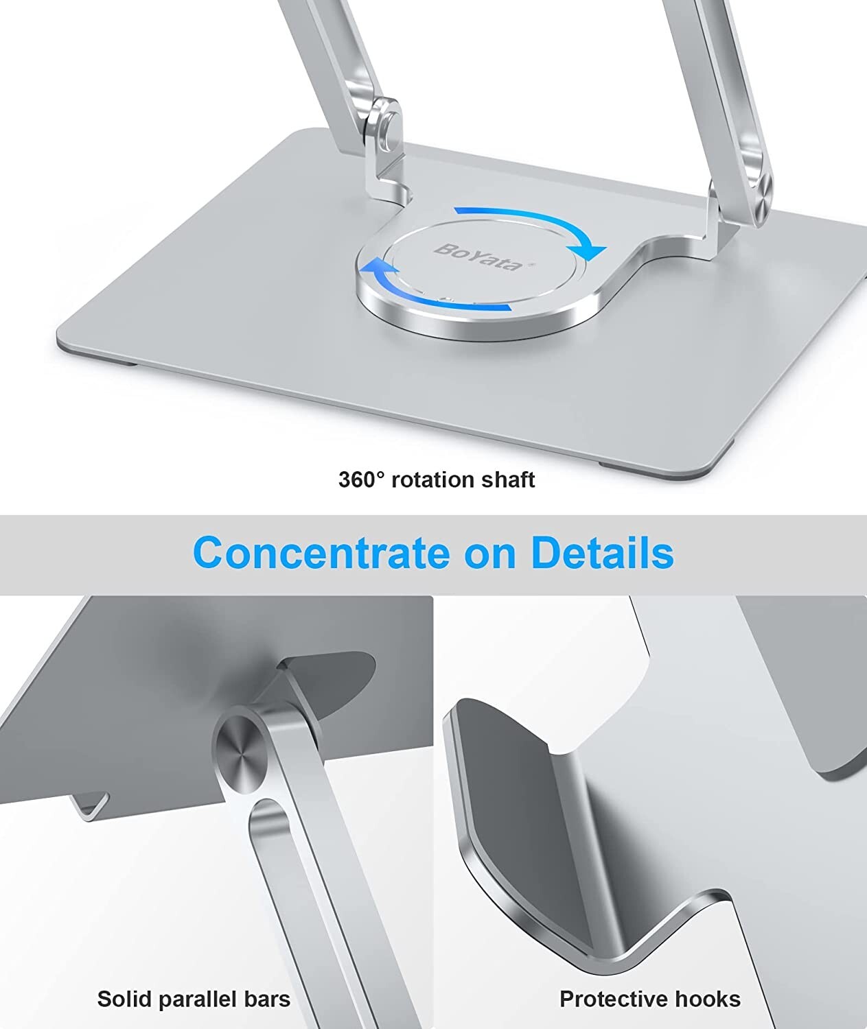 BoYata Laptop Stand for Desk, Adjustable Computer Stand with 360° Rotating Base