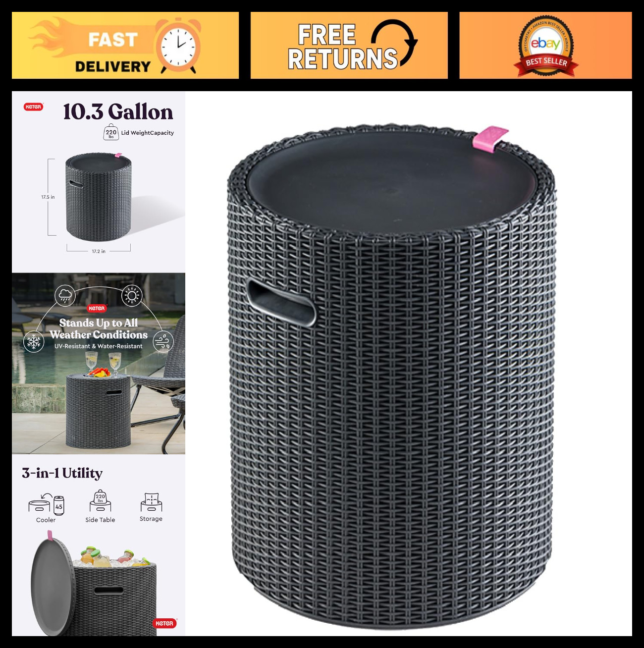 3-in-1 Outdoor Patio Cooler Table & Ice Chest - Portable Hot Tub Bar, Graphite