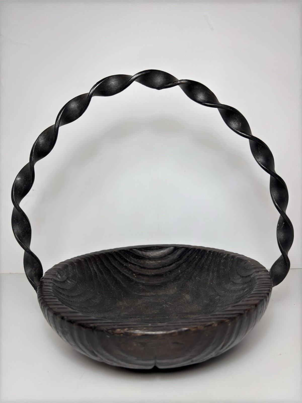 Hand Carved Ebonized Wood Bowl Twisted Iron Handle Basket Black