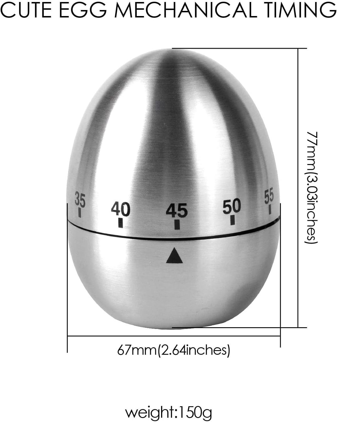 60 Minute Mechanical Kitchen Timer Stainless Steel Egg Shape Silver