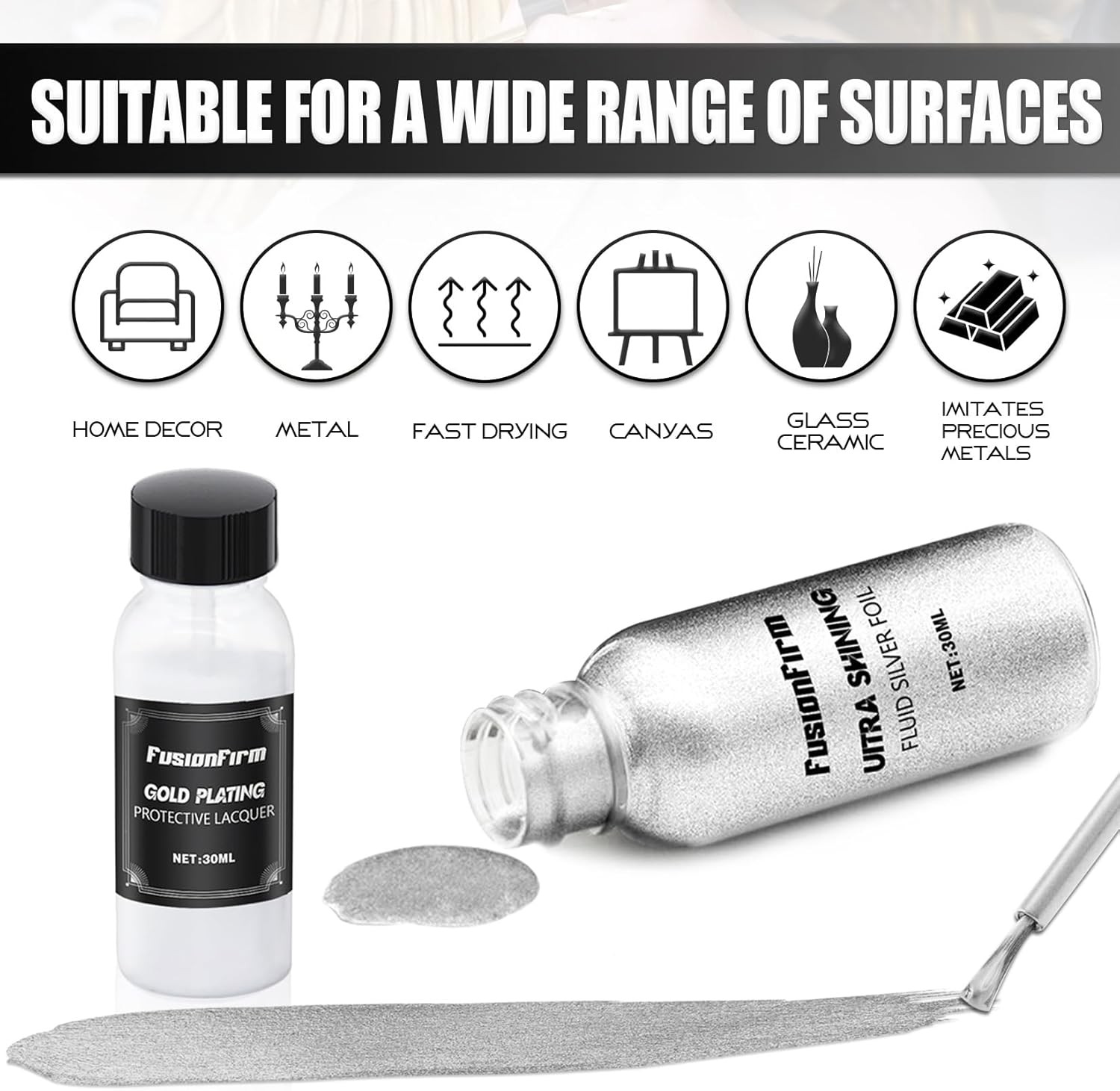 Liquid Silver Leaf Paint Kit - Alcohol-Based Quick Dry Ultra Shiny Metallic