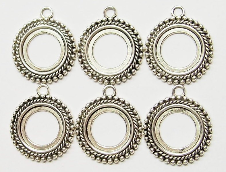 6 of 20mm Round Antique Silver Thick Beaded Rope Pendant Settings 34x30mm