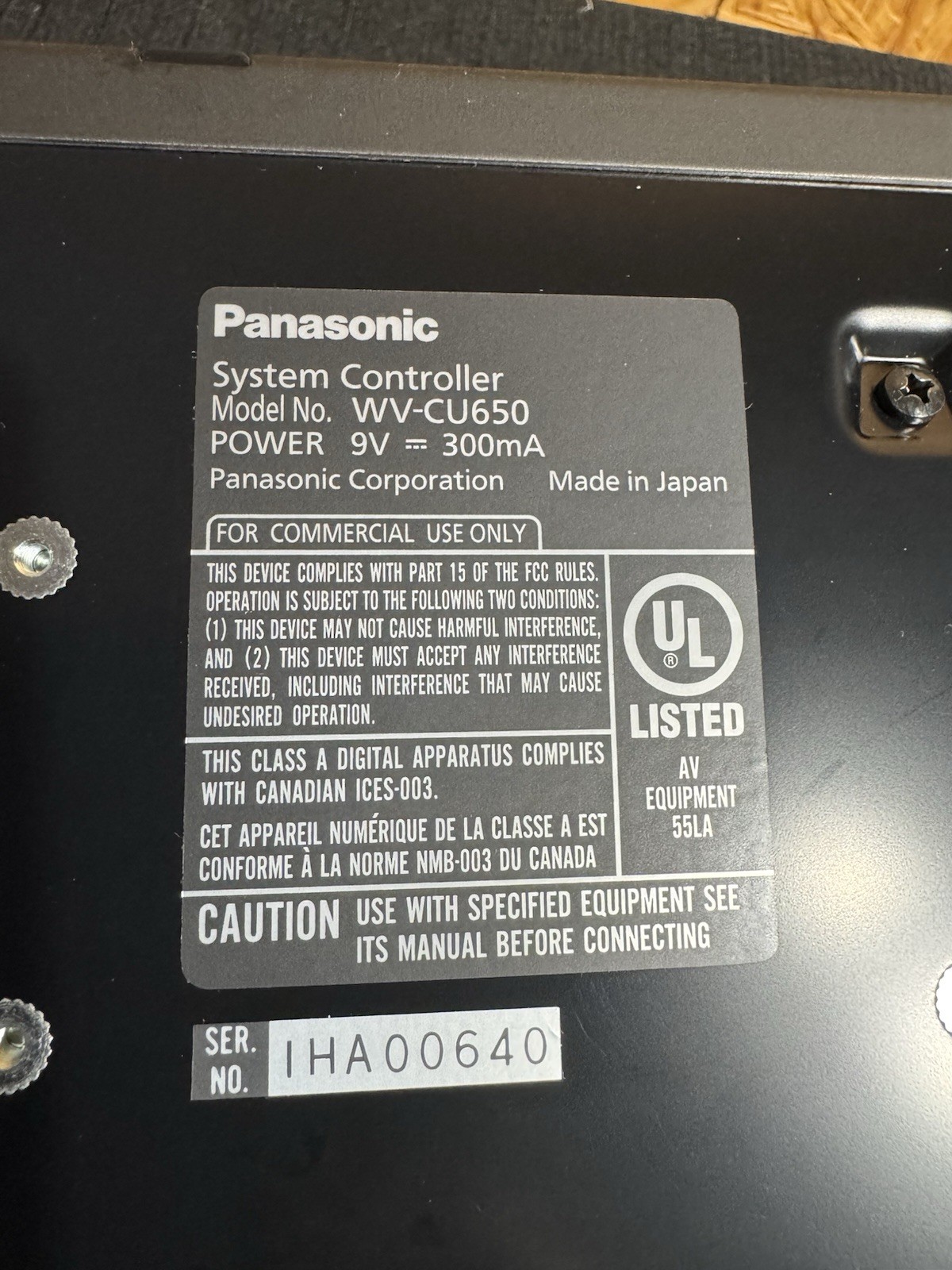 Panasonic WV-CU650 System Controller Keypad Pan-Tilt Zoom 9V 300mA Serial