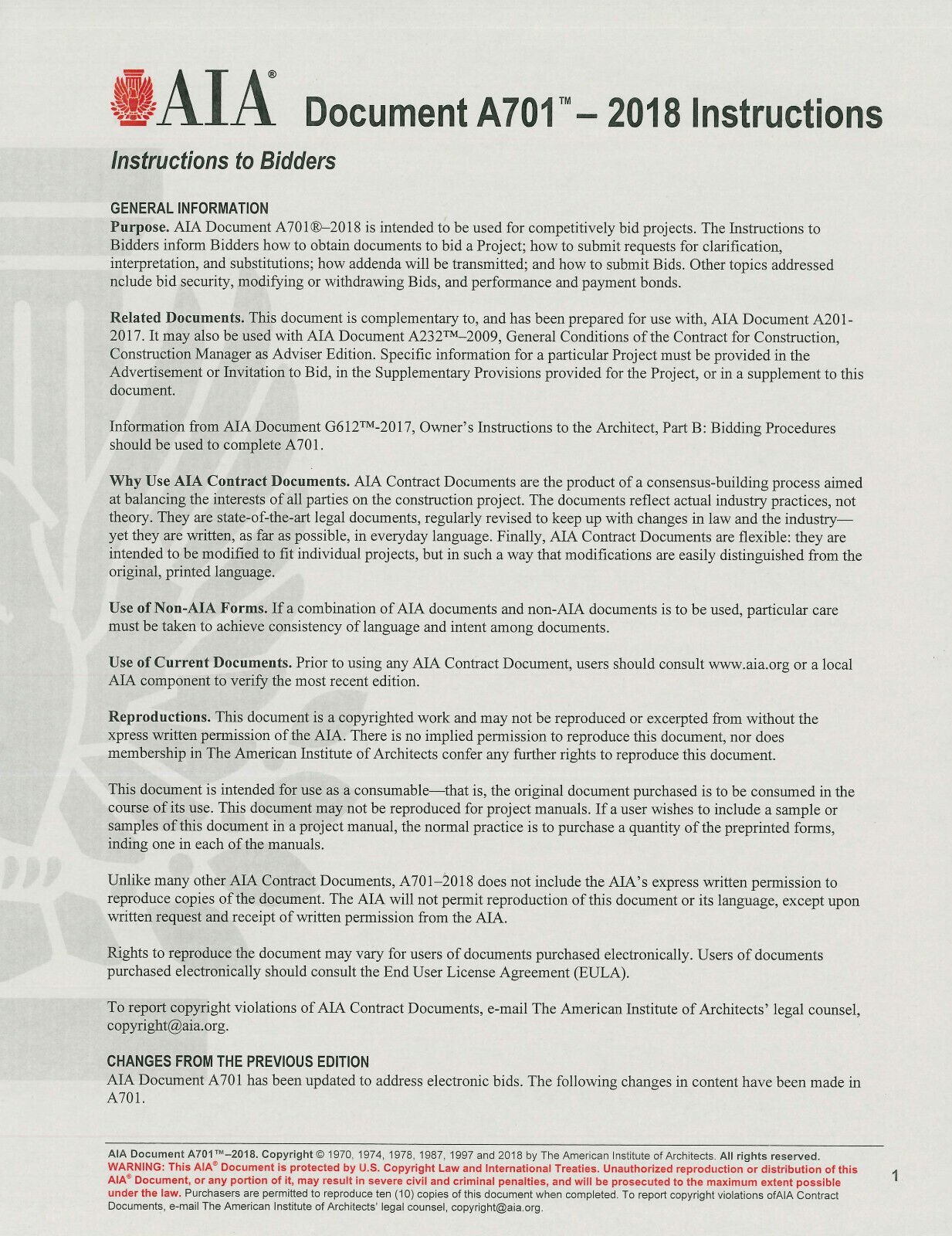 AIA Documents A201 A401 A701 - 2017/18 General Conditions