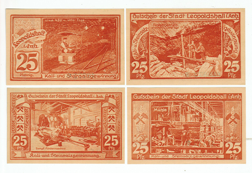 SET OF 4 GERMANY NOTGELD 25 PFENNIG LEOPOLDSHALL 1921 UNC