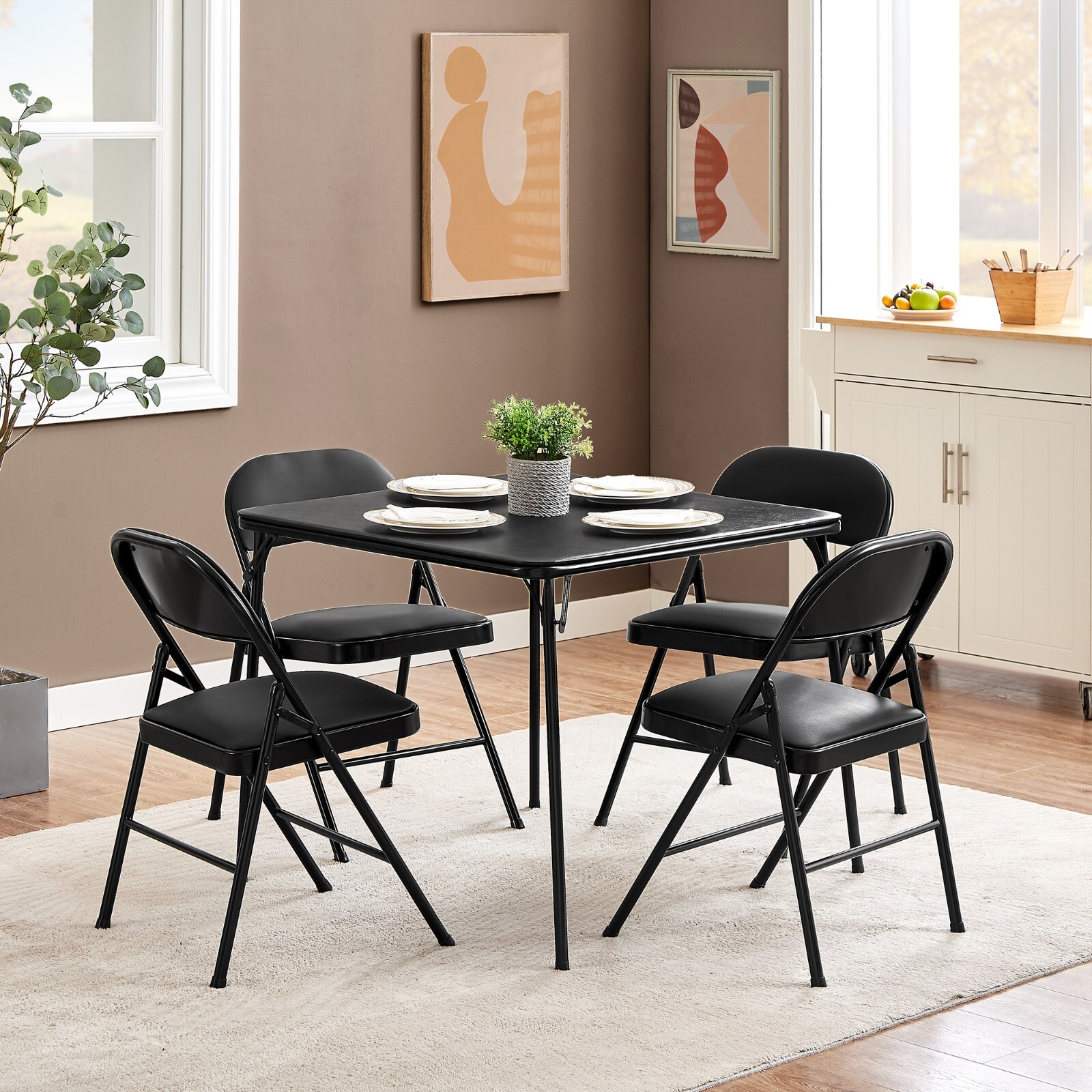 5 Pcs Portable Folding Card Table Square and Chairs Set with Vinyl Upholstery