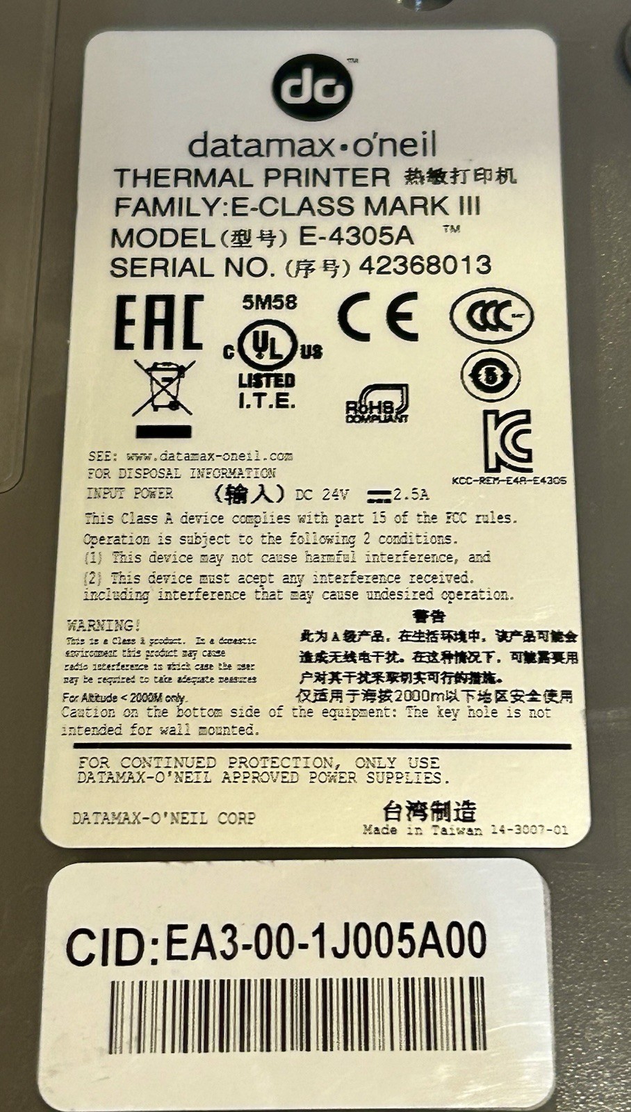 Datamax-O'Neil E-Class Mark III E-4305A Thermal Label Printer Ethernet USB