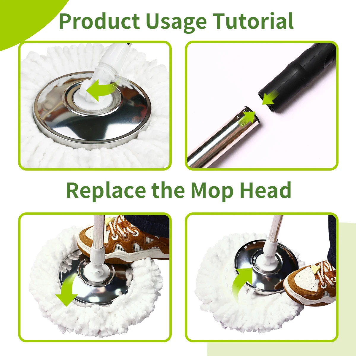Mop Bucket Set 360° Dual-Motion Spin Mop System 3 Split-Yarn Mop Heads