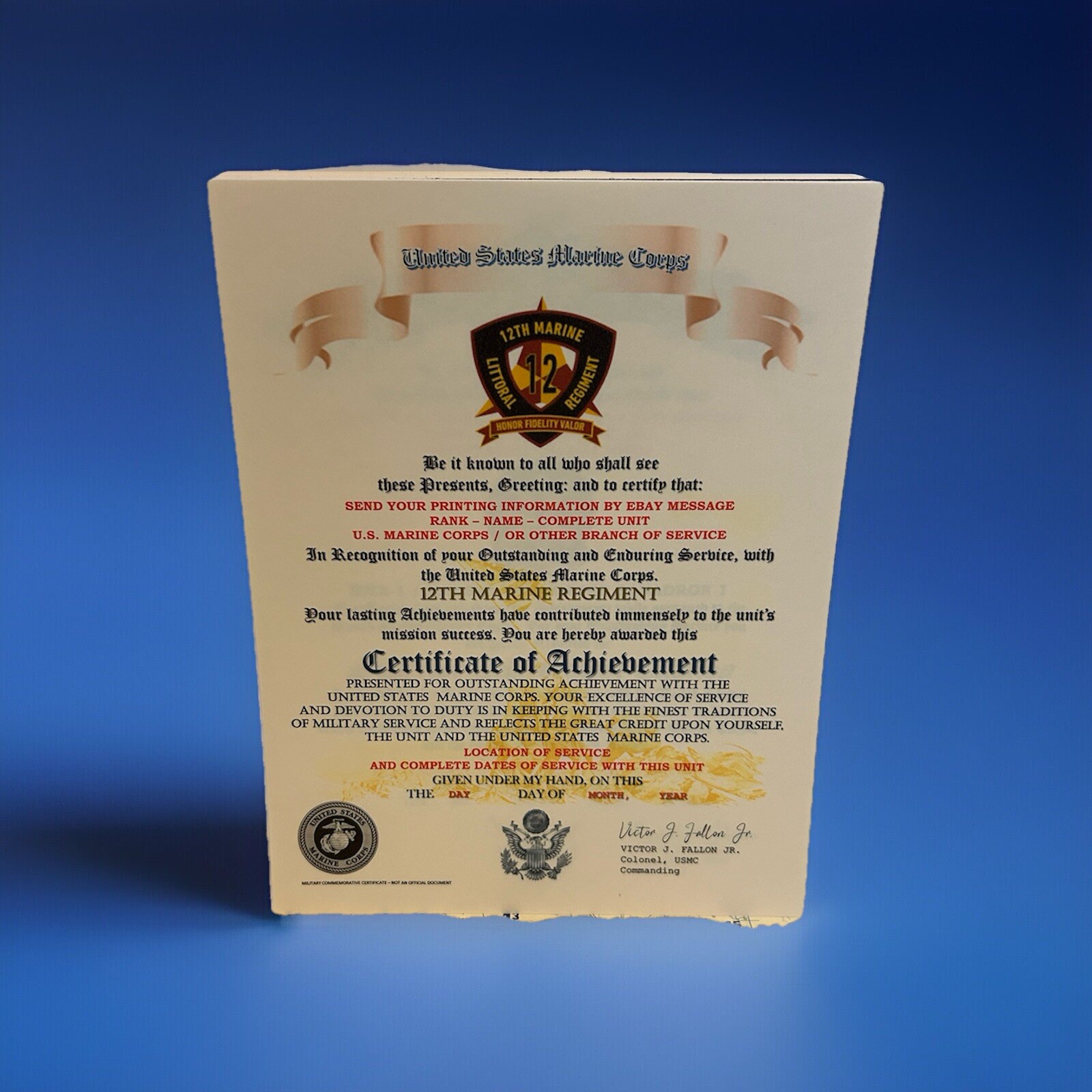 U.S.M.C. / 12TH MARINE REGIMENT - CERTIFICATE OF ACHIEVEMENT