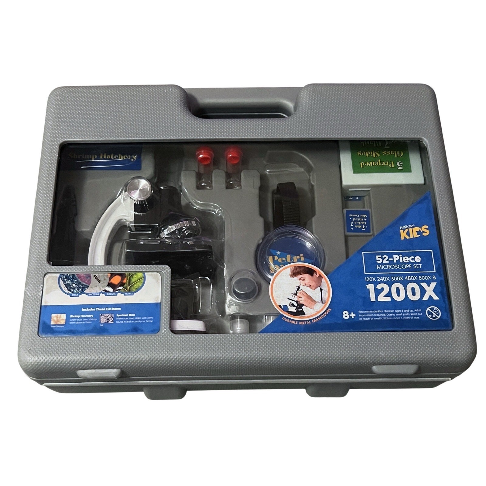 AmScope Kids 52-Piece Microscope Set 120X-1200X Metal Frame STEM Kit with Case