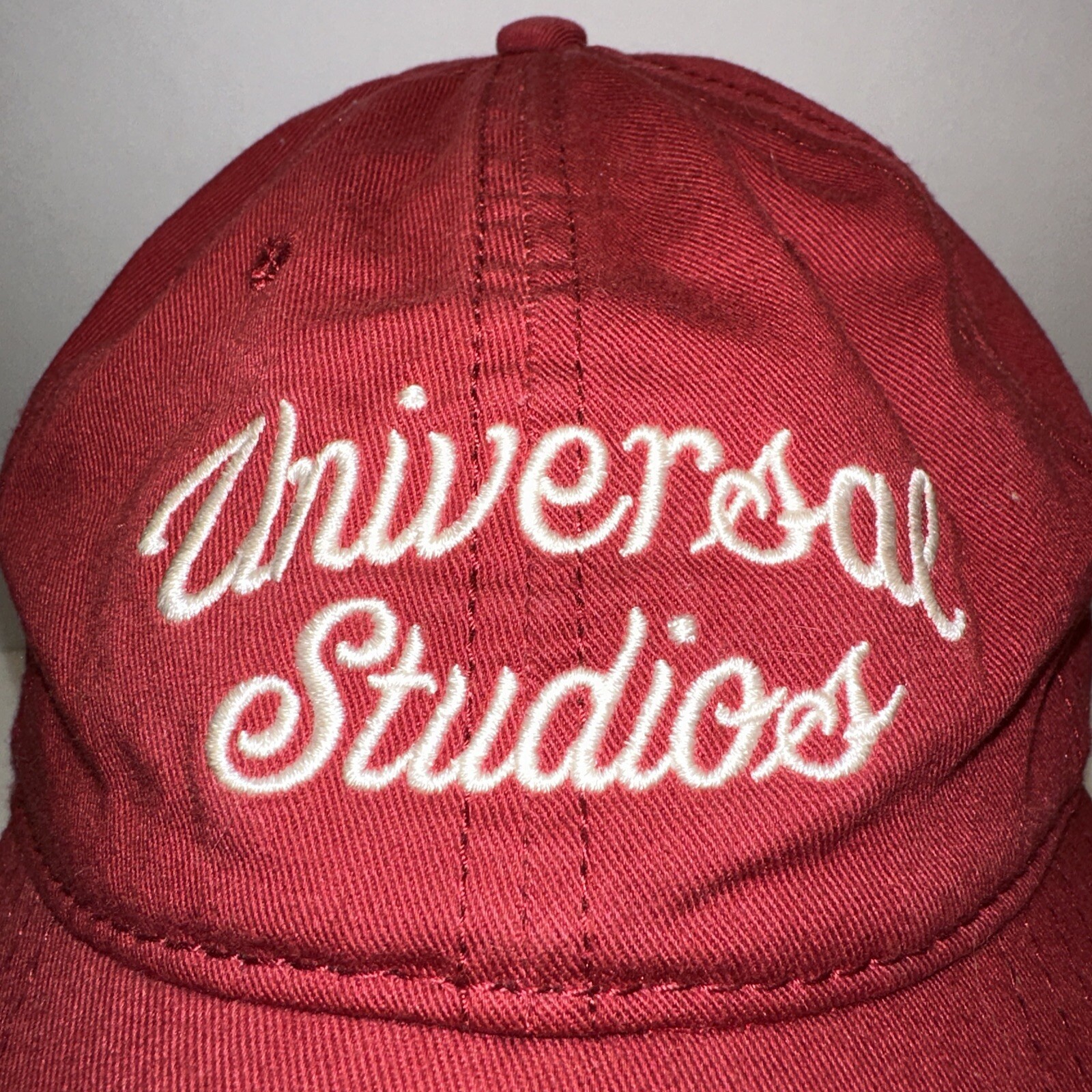 Universal Studios Maroon w White Script Hat Cap Dotted Under Bill Hook and Loop