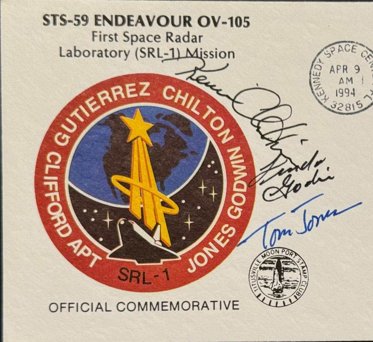 STS-59 #2 Autographed Crew Patch Cover ,(3) Chilton , Jones , Godwin