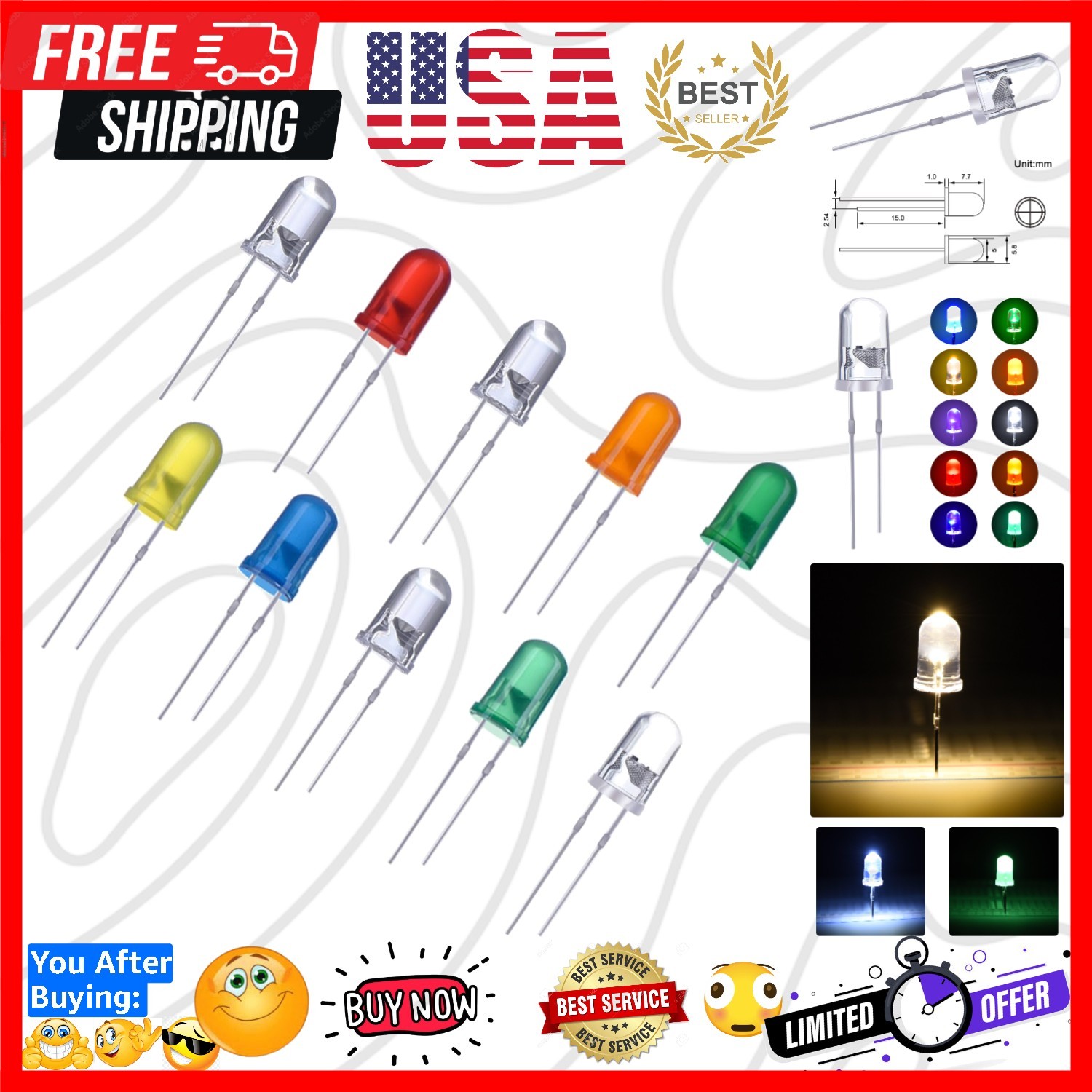100 Pcs Clear LED Light Emitting Diodes Bulb LED Lamp, 5 mm 10 Colors
