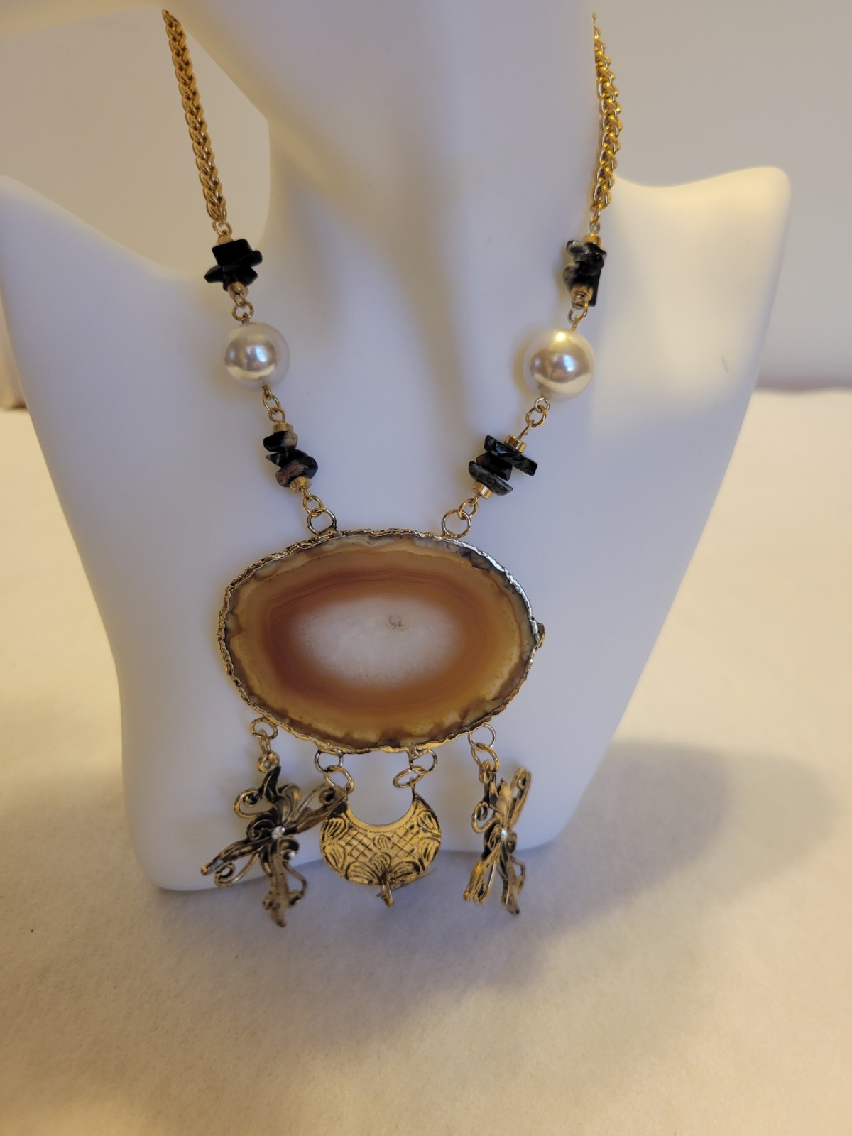 Agate Necklace Gold Tone Metal Cross Crucifix Faux Pearl Statement Jewelry