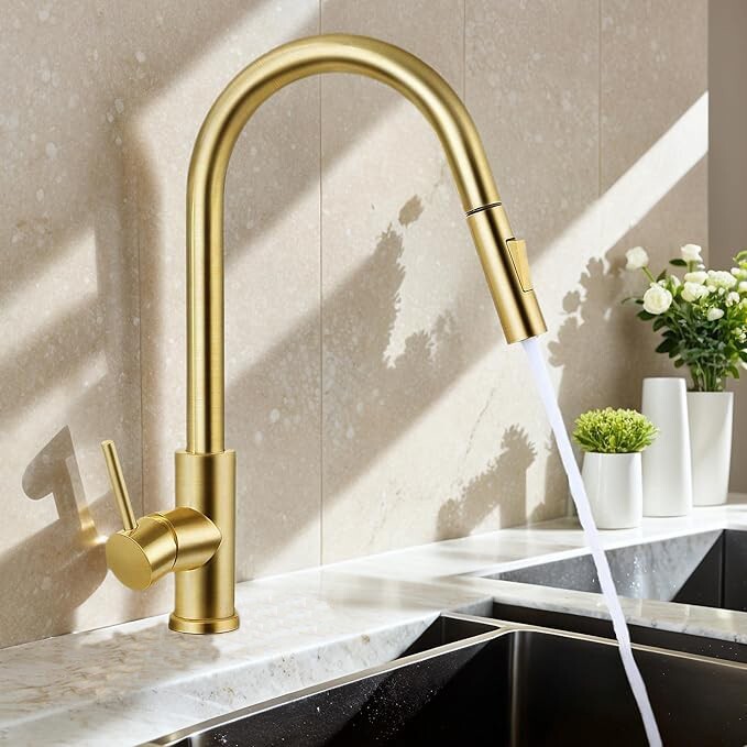 Brushed Gold Kitchen Faucet Sink Single Handle Pull Down Sprayer Swivel RV Mixer