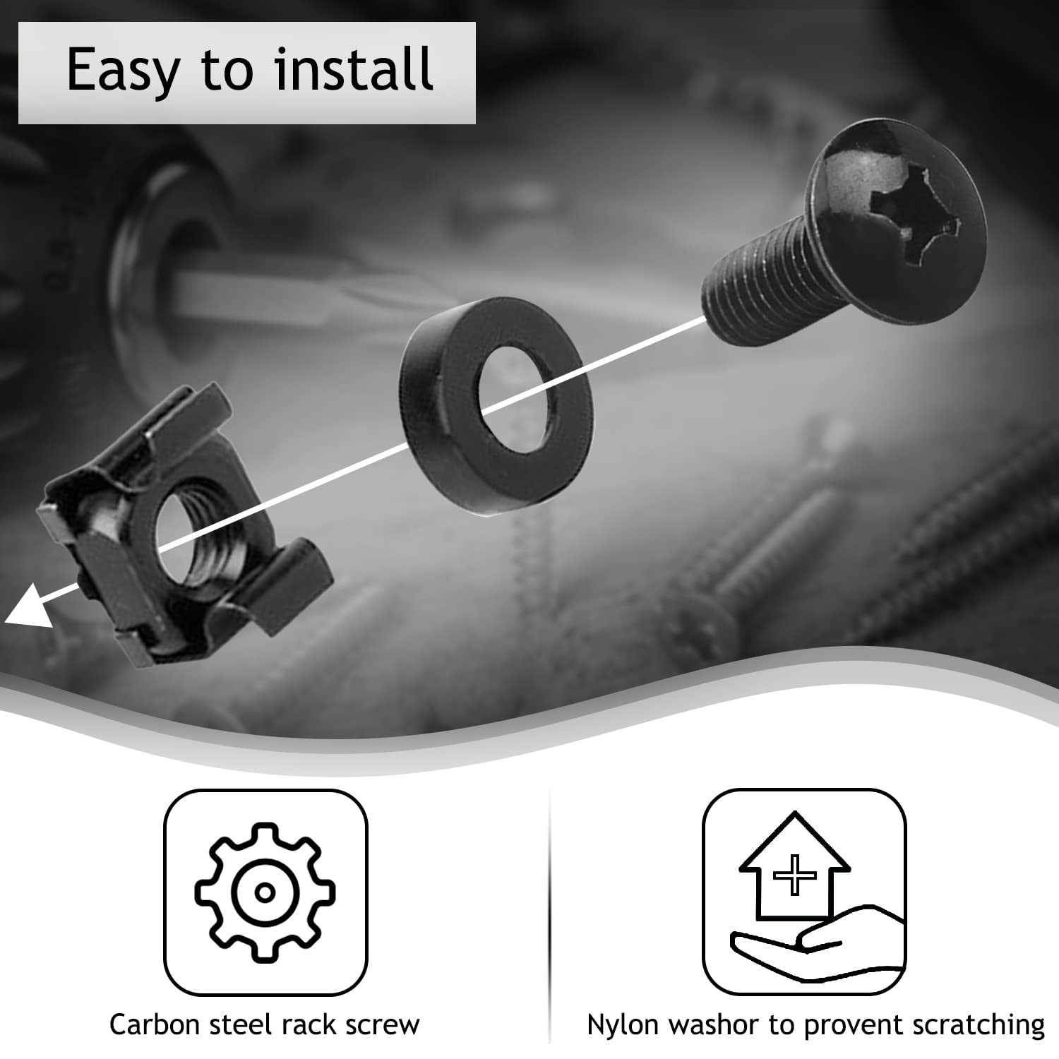 Leadrise 50-Pack M6 x 16mm Computer Rack Mount Cage Screws, One Size, Black