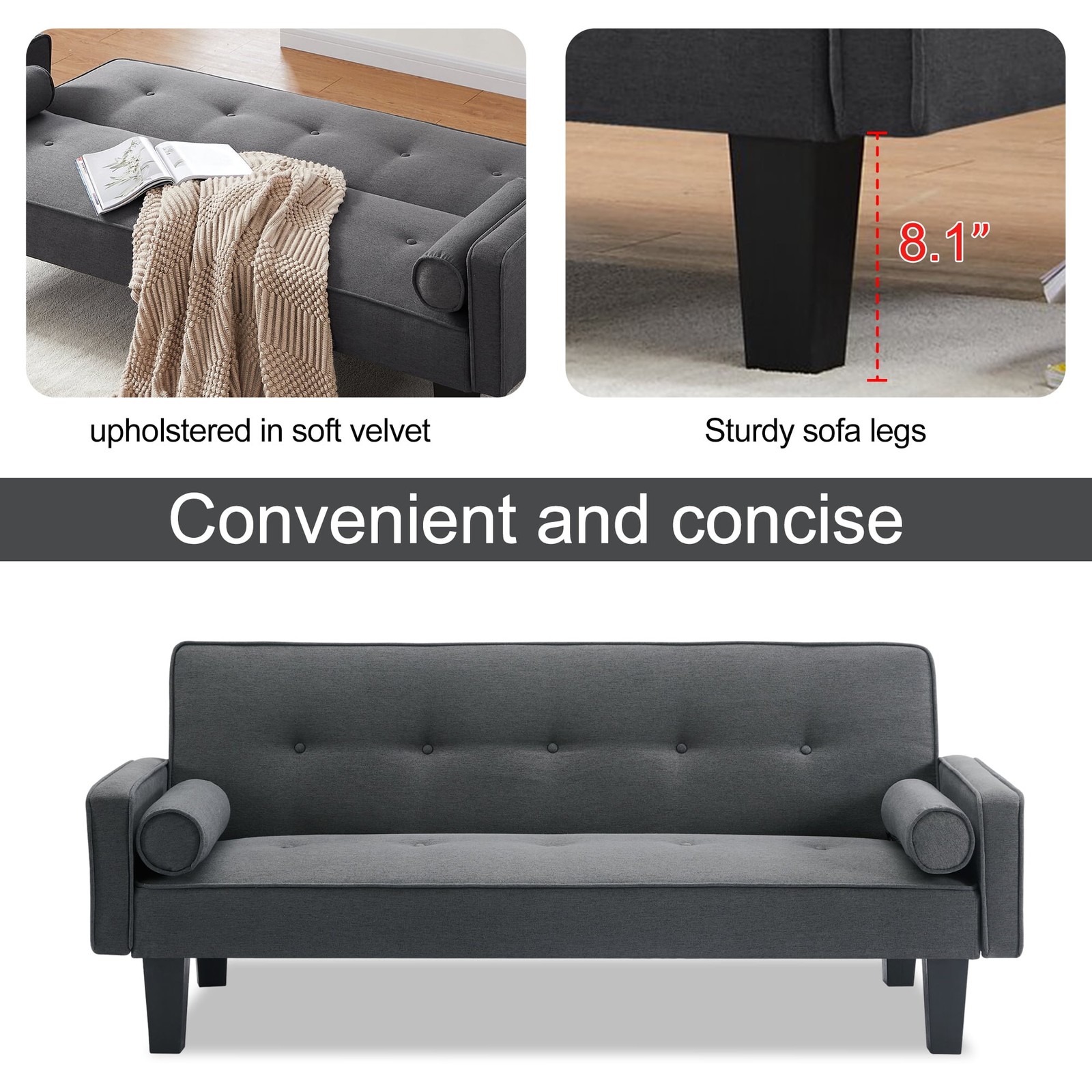 Convertible Futon Sofa Bed,Gray Upholstered Futon Couch Fabric Sleeper Sofa