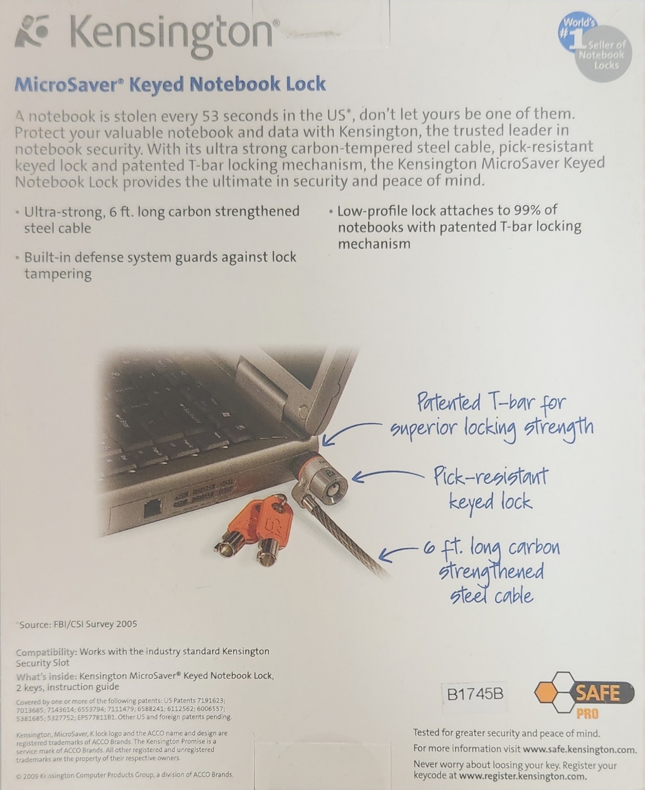 Computer Laptop Lock Kensington MicroSaver Keyed T-Bar Mechanism Tech Security
