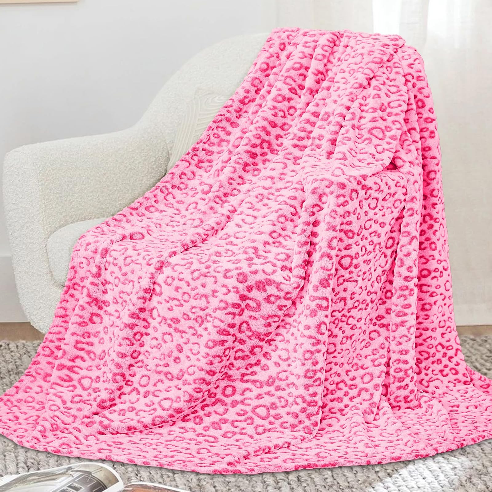 Warm Blanket Pink Soft Fleece Leopard Print Blanket for Women, Fuzzy Hot Pink...