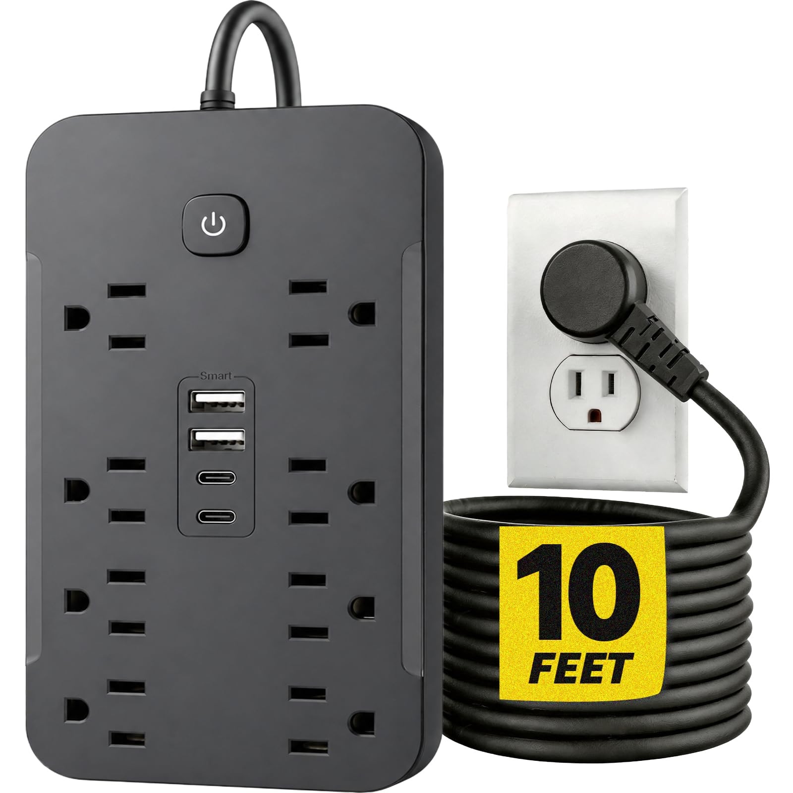 10 Ft Surge Protector Power Strip 8 AC 4 USB 1430W 11.5A Flat Plug Black Ext