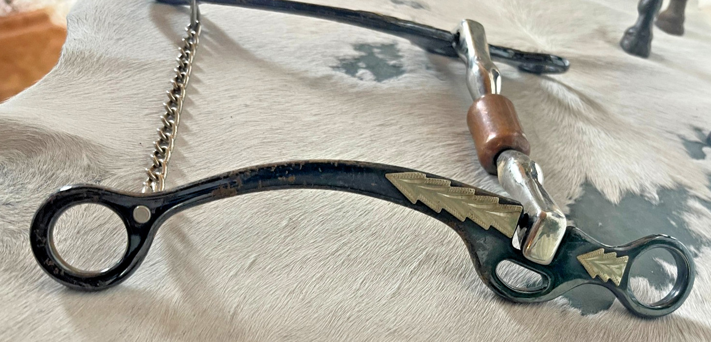 Long Shank Snaffle Bit Five and a half in Mouth Copper Roller chain Black Silver