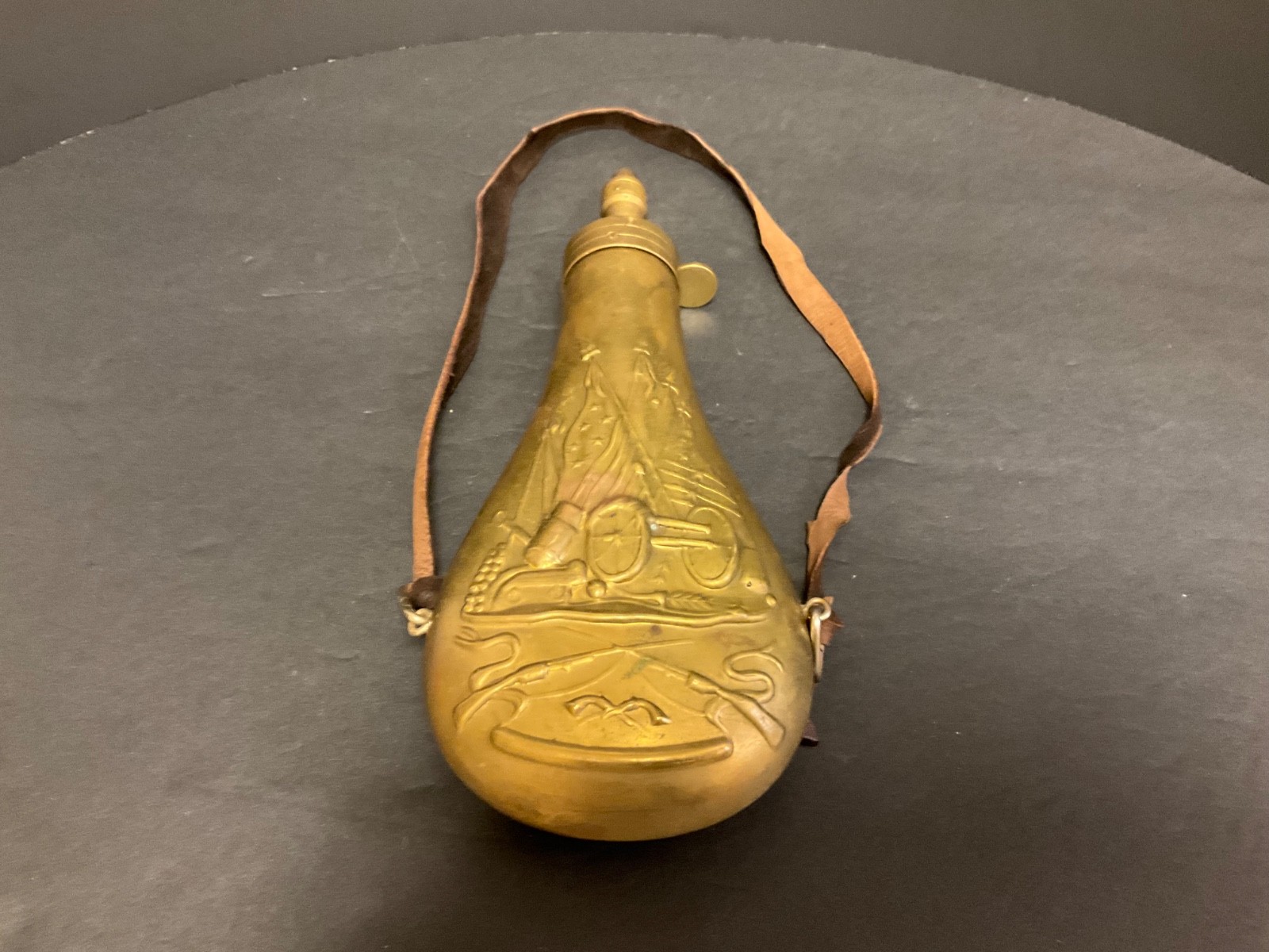 Brass Gun Powder Flask w/ US Civil War Cannon, Muskets & Flags
