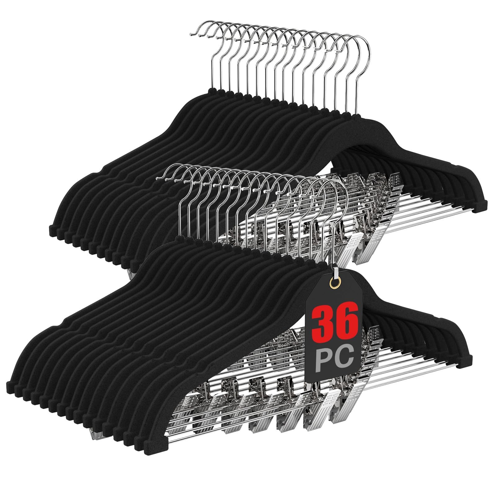 36-Pack Black Velvet Hangers with Clips Adjustable,Adult Hangers,Outfit Hange...