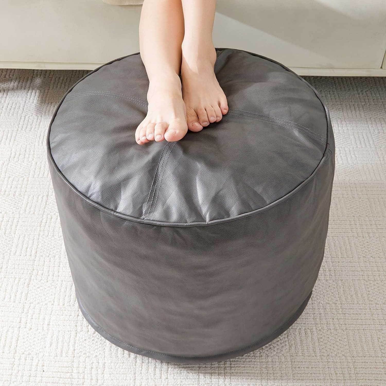 Round Stuffed Pouf Ottoman Pu Leather Poufs W/ Foam Chunk Filling Furry & Fluffy