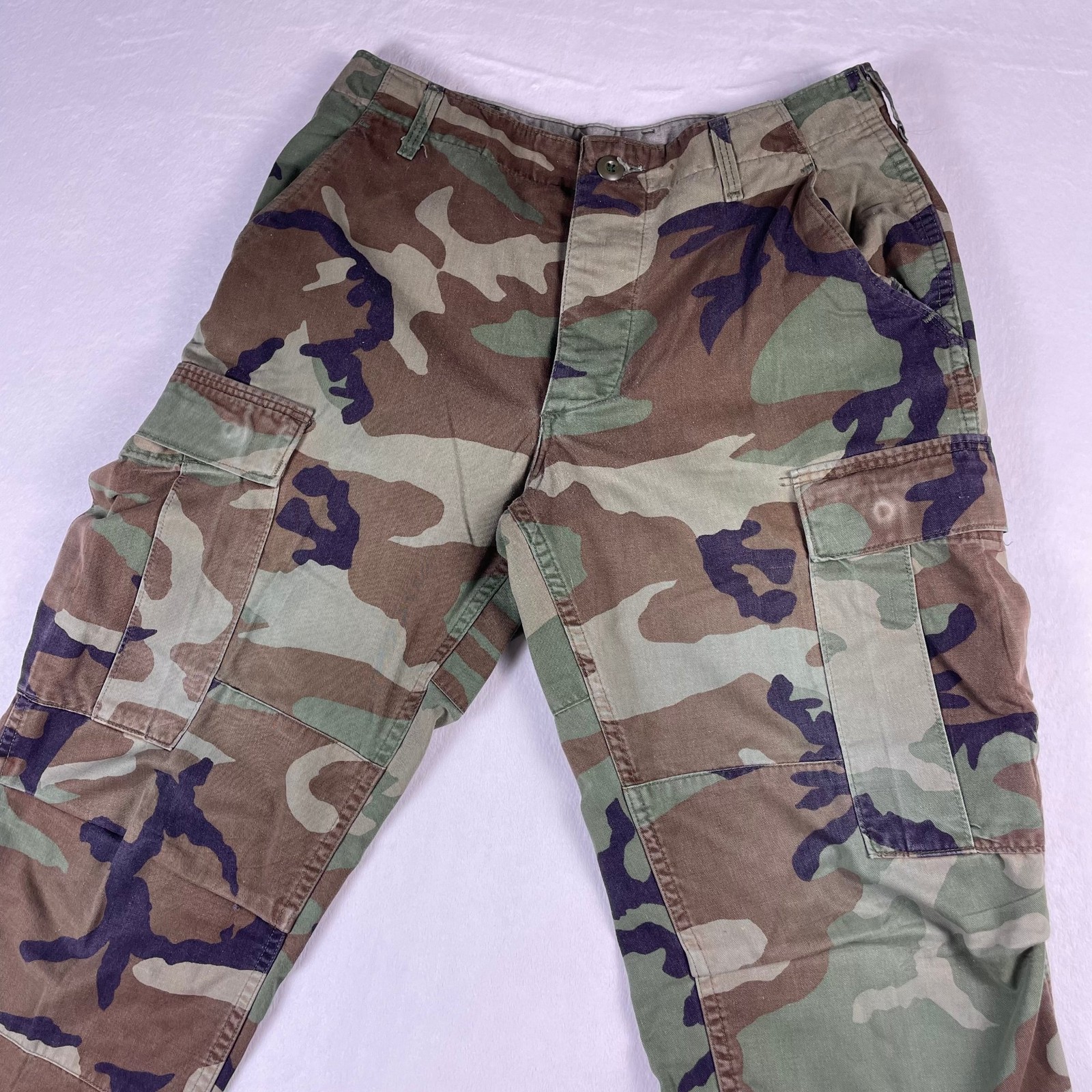 US Military BDU Woodland Camo Combat Trousers S Cotton Cargo Pants Double Knee