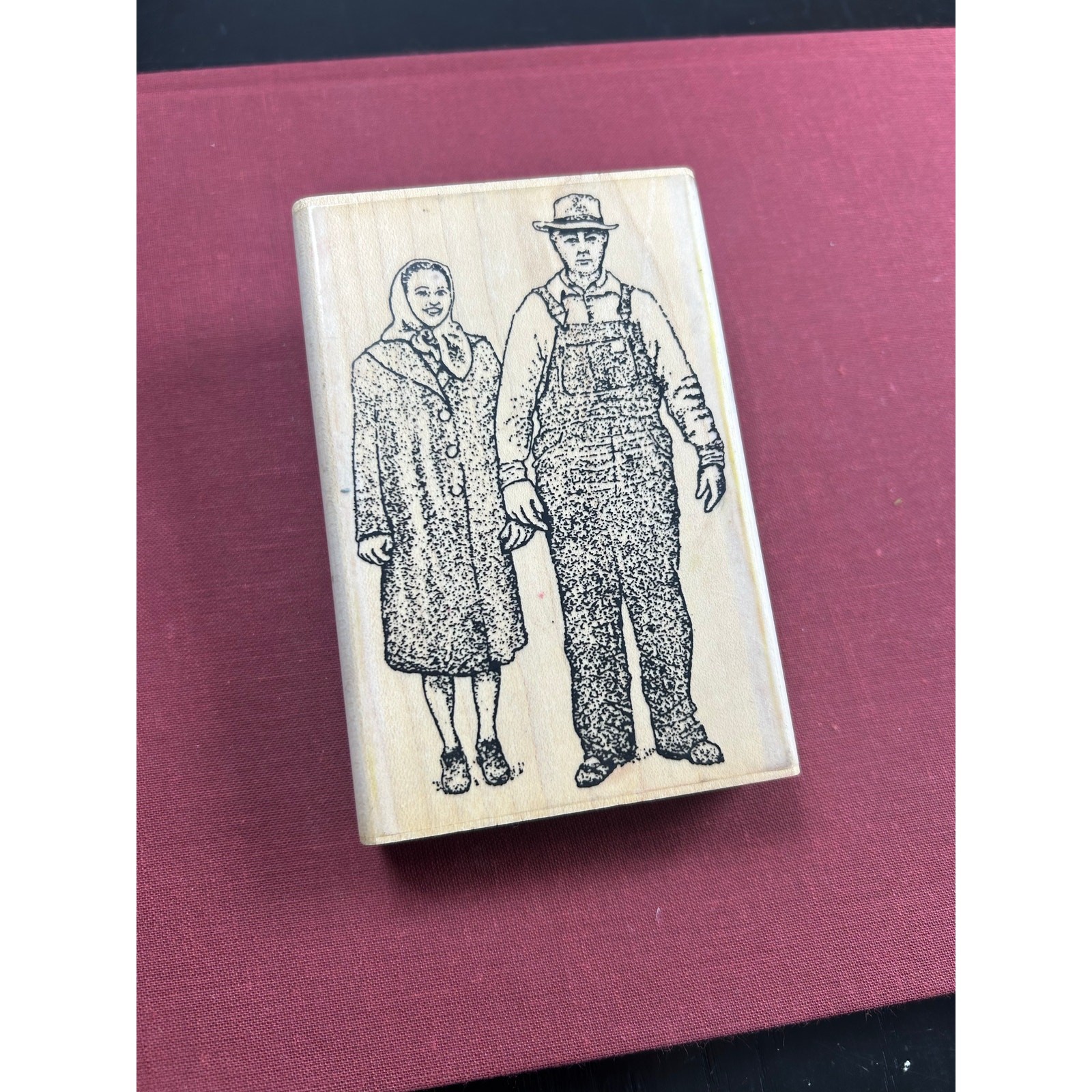 98 Vtg farmhouse ma & pa- wooden block rubber stamp - 4.5x3"- Preowned farm