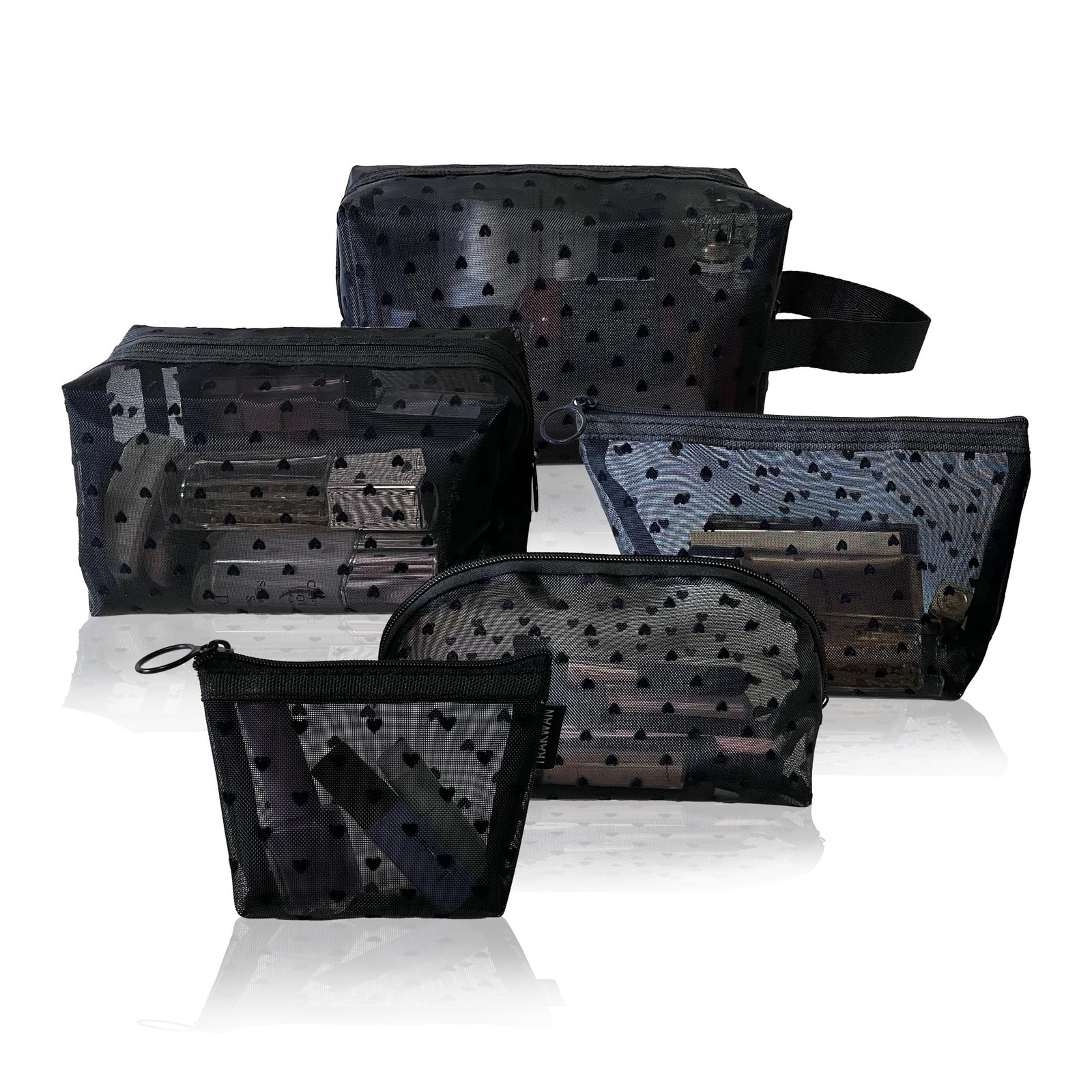 5 Pieces Zipper Mesh Cosmetic Bags Set, Mesh Heart Makeup Bags Toiletry Bags,...