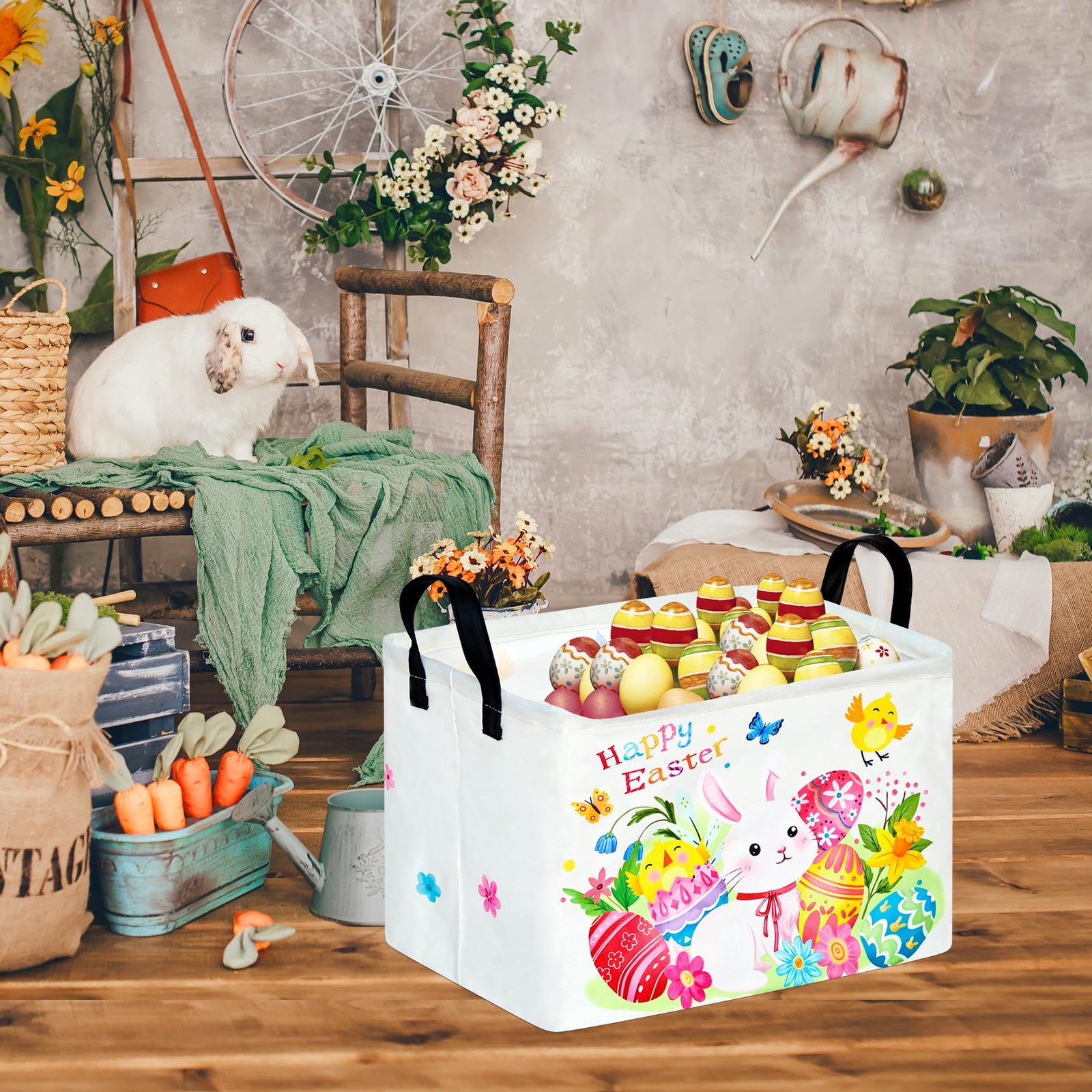 VAIVUSTO Easter Storage Basket Easter Bunny Storage Bin Collapsible Nursery H...