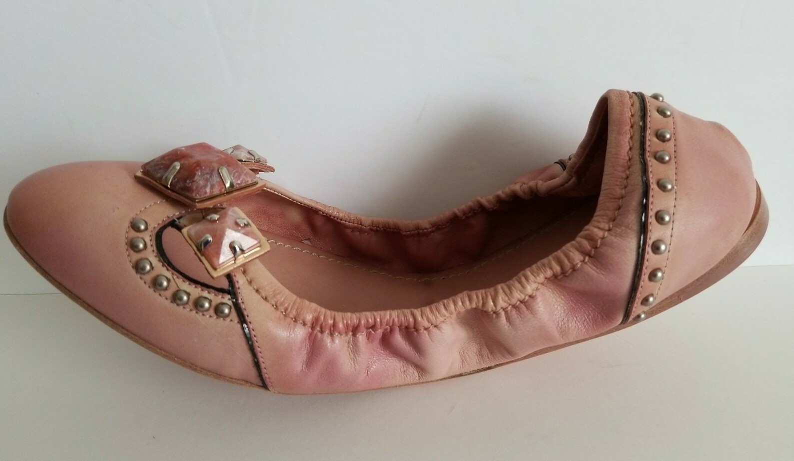 MIU MIU AMAZING WASHED PINK LEATHER EMBELLISHED FLATS EU 38.5 40 I LOVE SHOES