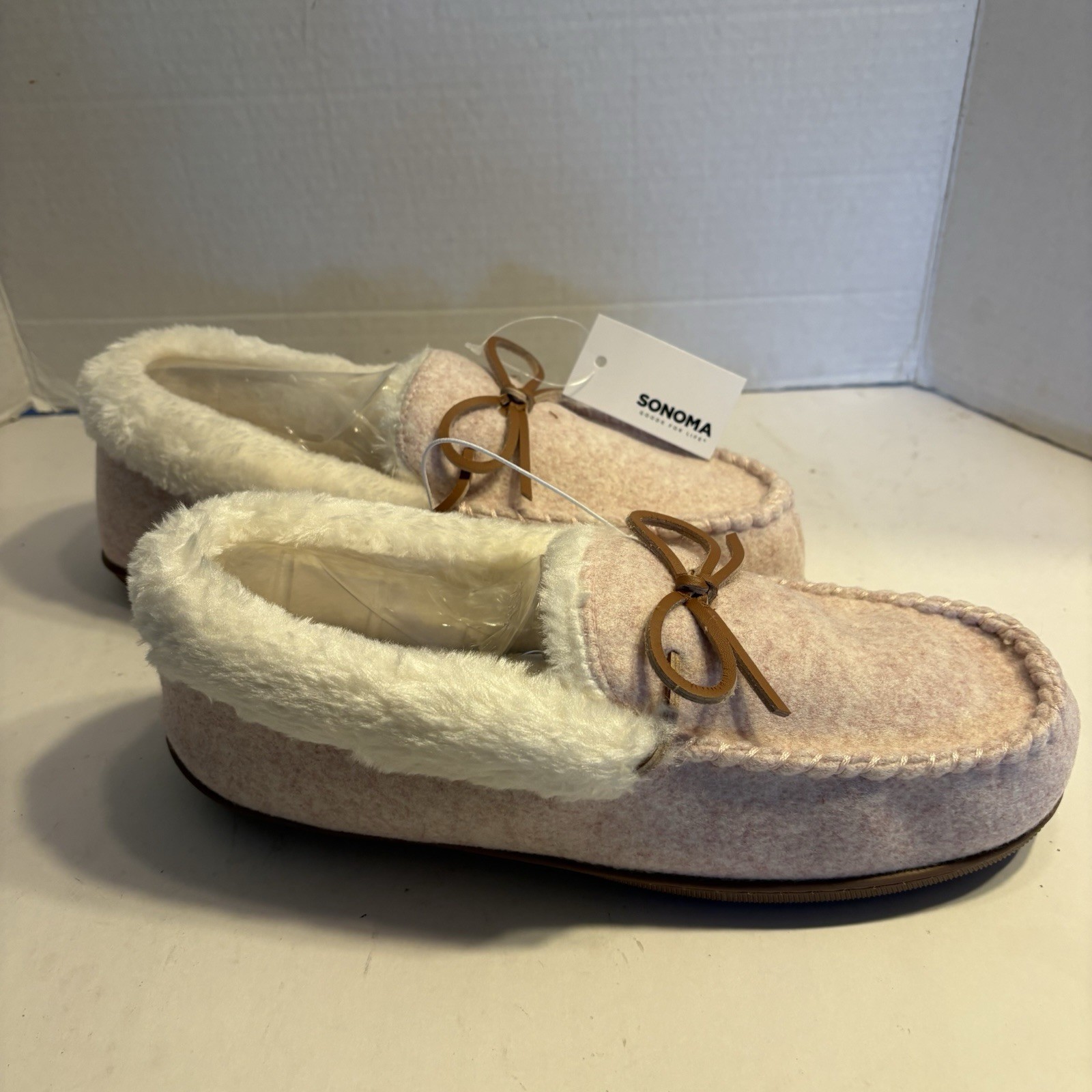 Sonoma SINTIA Women's Moccasin Slippers Pink Felt Faux Fur Size XXL(10-11) New