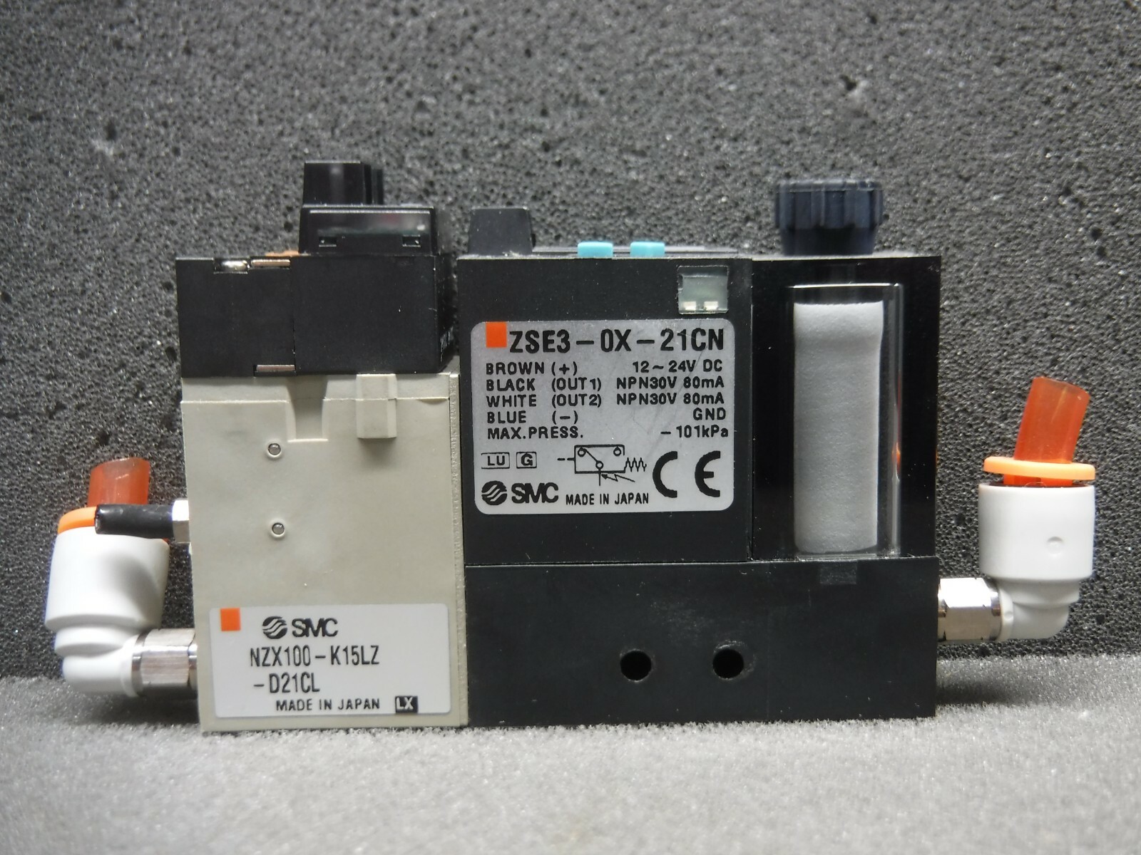 SMC, ZSE3-0X-21CN, NZX100-K15LZ, Vacuum Switch With Base (Used)