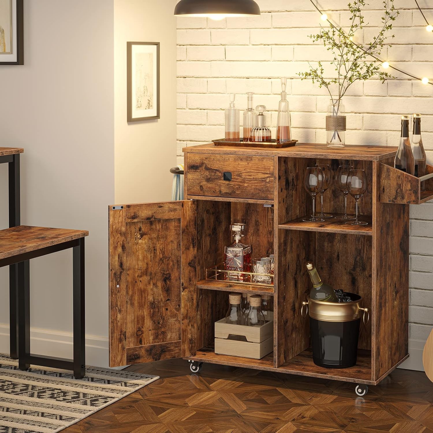Kitchen Island Storage Cart with Drawer Spice Rack Towel Bar Mobile Rustic Brown