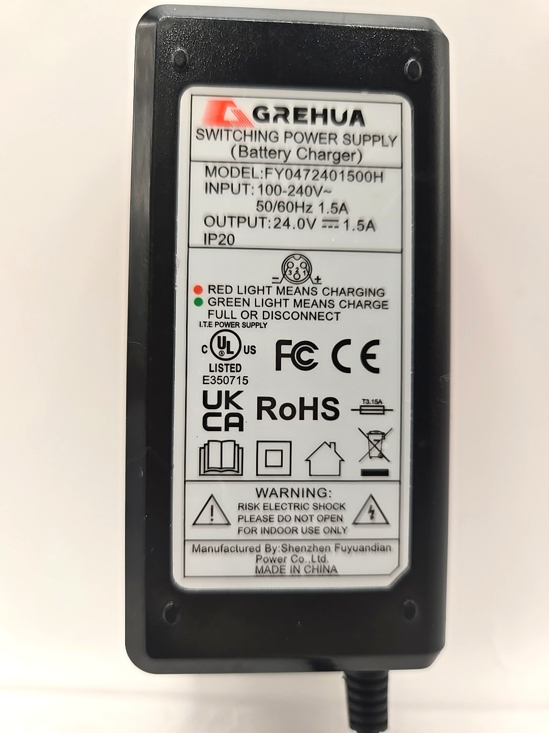GREHUA FY0472401500H 24V 1.5A 3-Pin XLR Battery Charger Power Supply