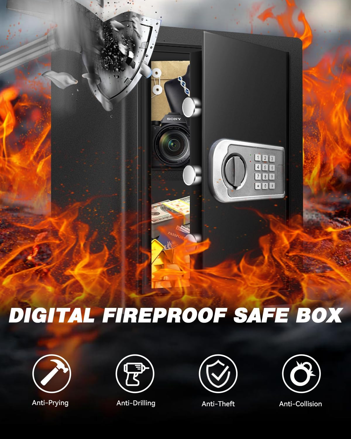 Fireproof Large Home Security Safe with External Battery Acces for Document | 3.