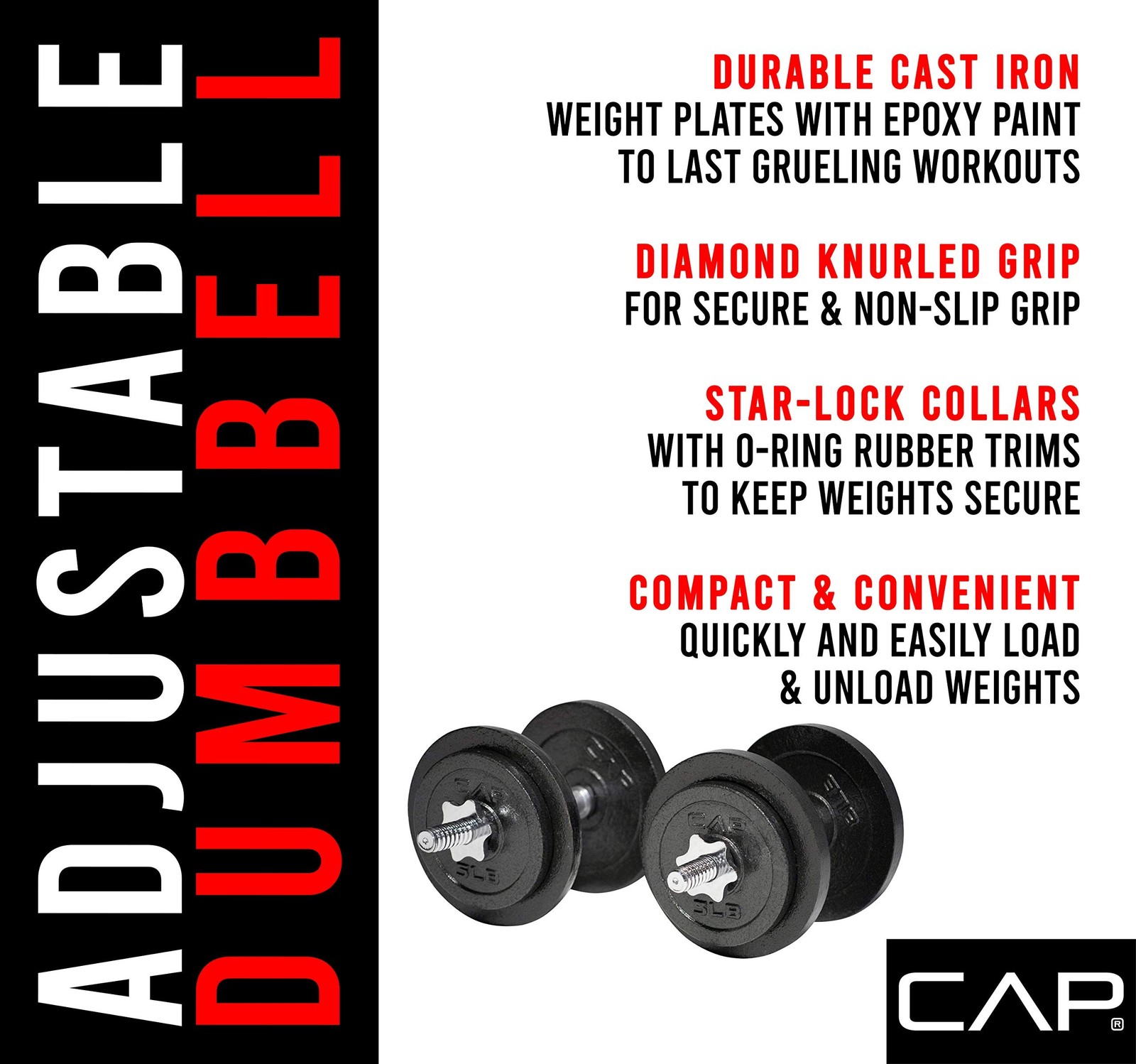 Cap Barbell Adjustable Dumbbell Weight Set | Multiple Options Black, 60 LB Pair