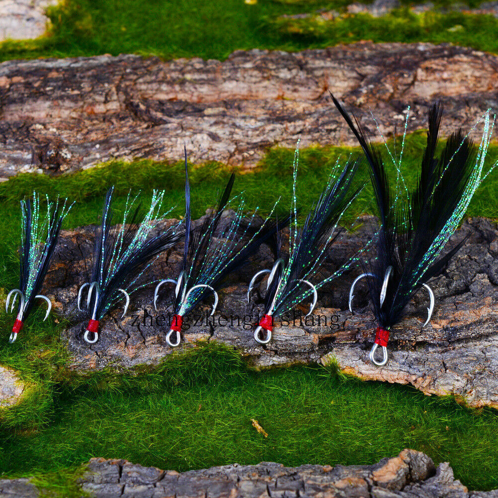 20pcs Strong Treble Hooks with Black Feather Fishing Hooks Size 12#-3/0#