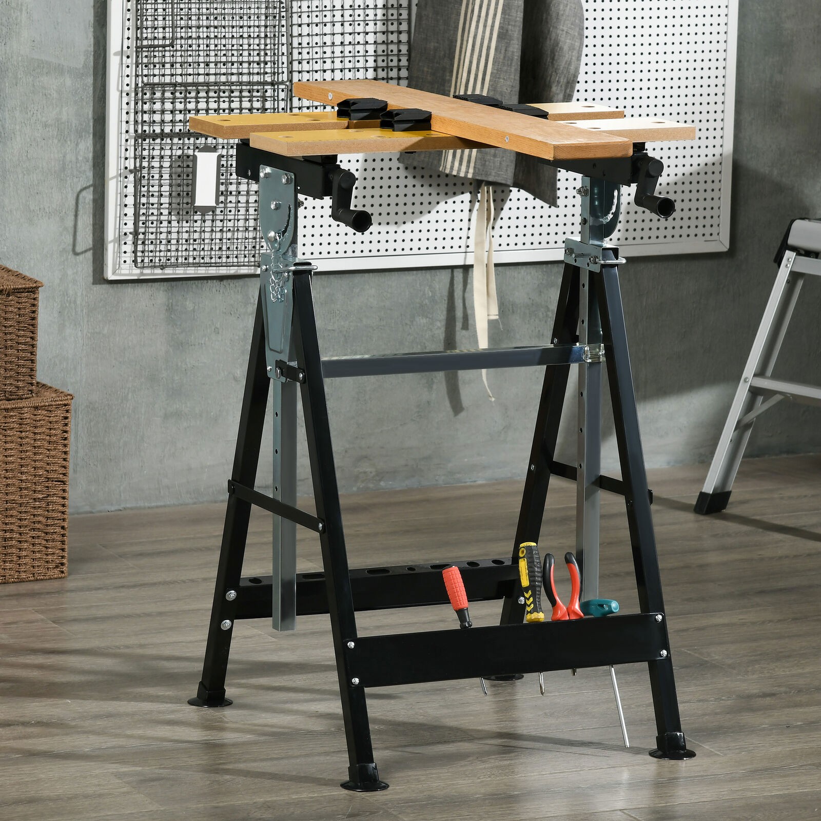 Adjustable Workbench Sawhorse with Movable Pegs & Angled Legs for Cutting