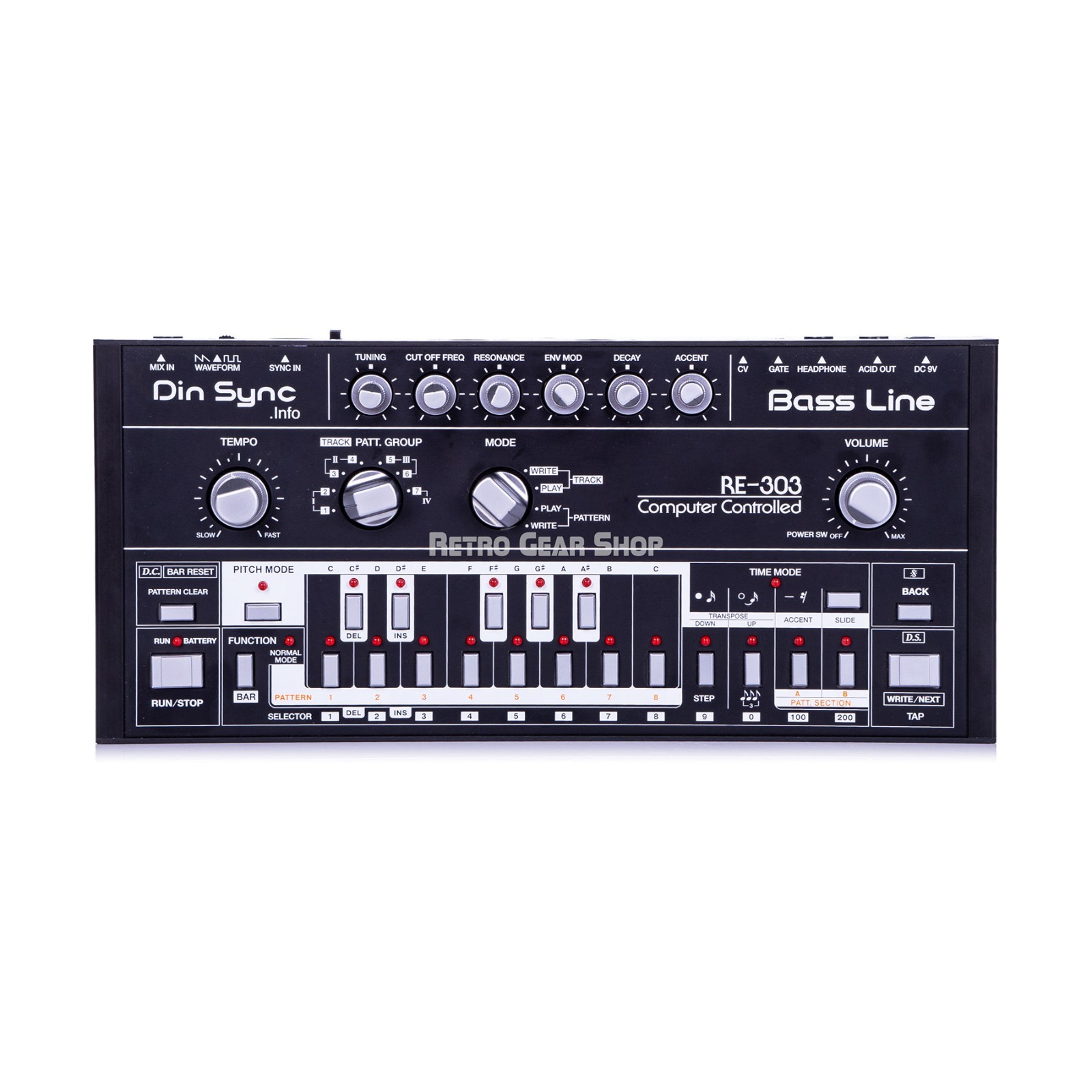 Dinsync RE-303 Black Silver TB-303 Clone Bass Analog Synthesizer Synth