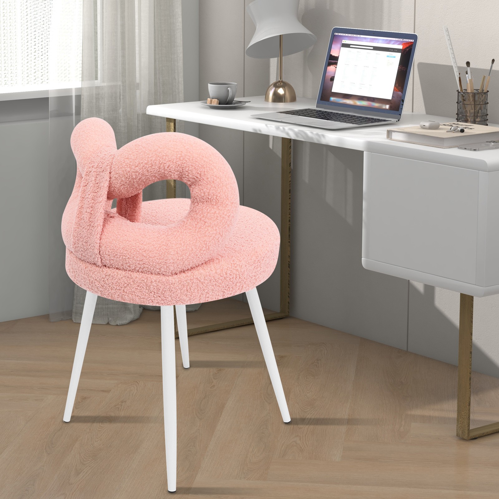 Modern Cute Bow Backrest Chair Vanity Stool Bedroom Make-up Chair Upholstered